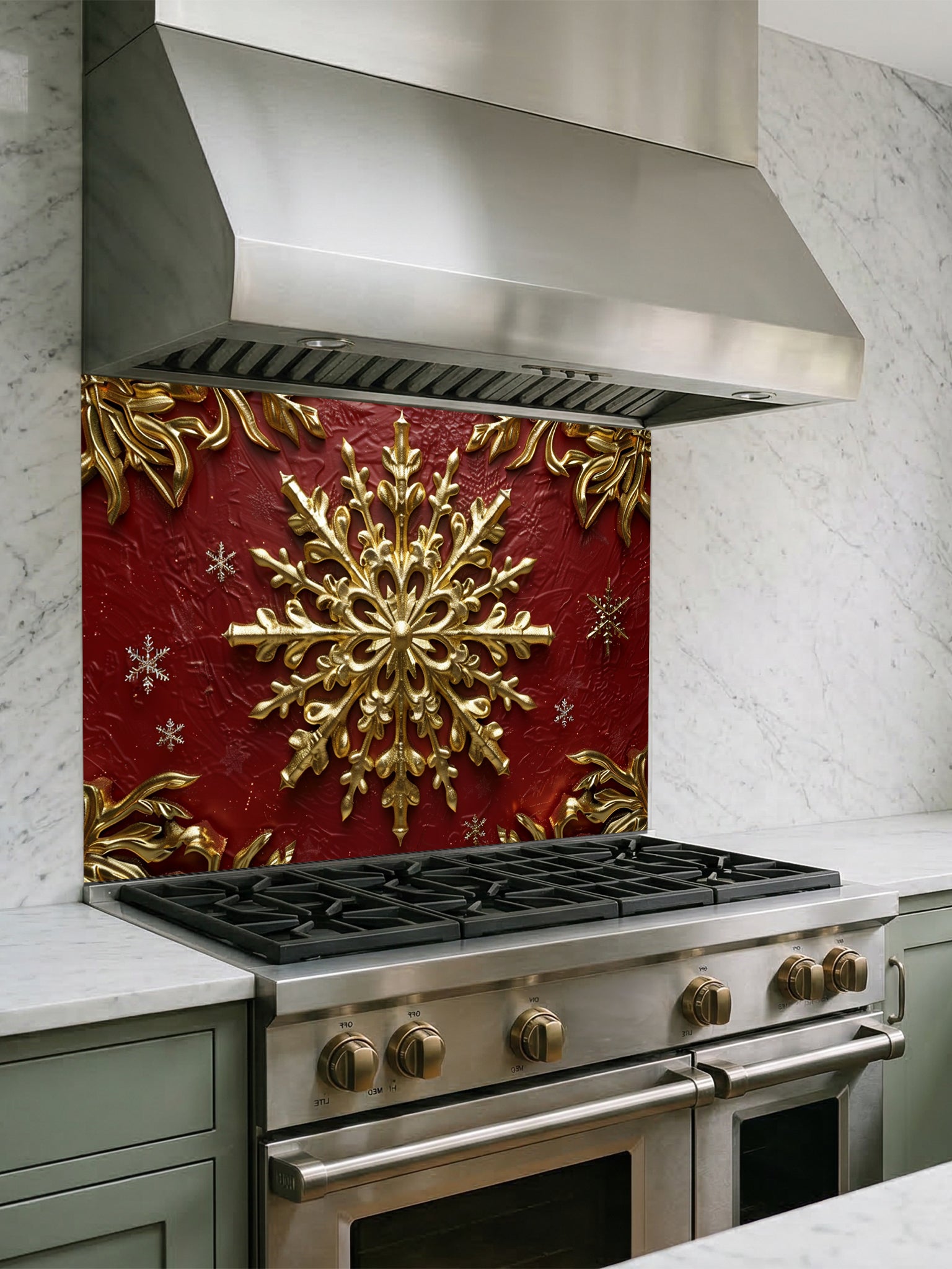 Tempered glass kitchen backsplash featuring a highly realistic 3D illusion of an ornate, embossed gold snowflake surrounded by smaller snowflakes and elegant golden corner flourishes against a rich, textured burgundy red background, installed behind a modern black stove.