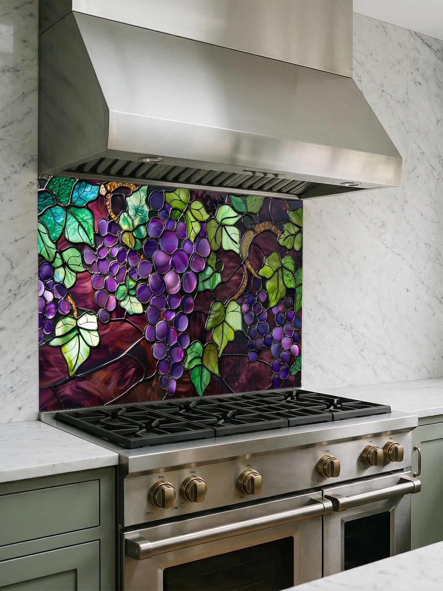 Stained glass style purple grapes and green vine leaves, UV printed on a smooth tempered glass kitchen backsplash, installed behind a modern stove.