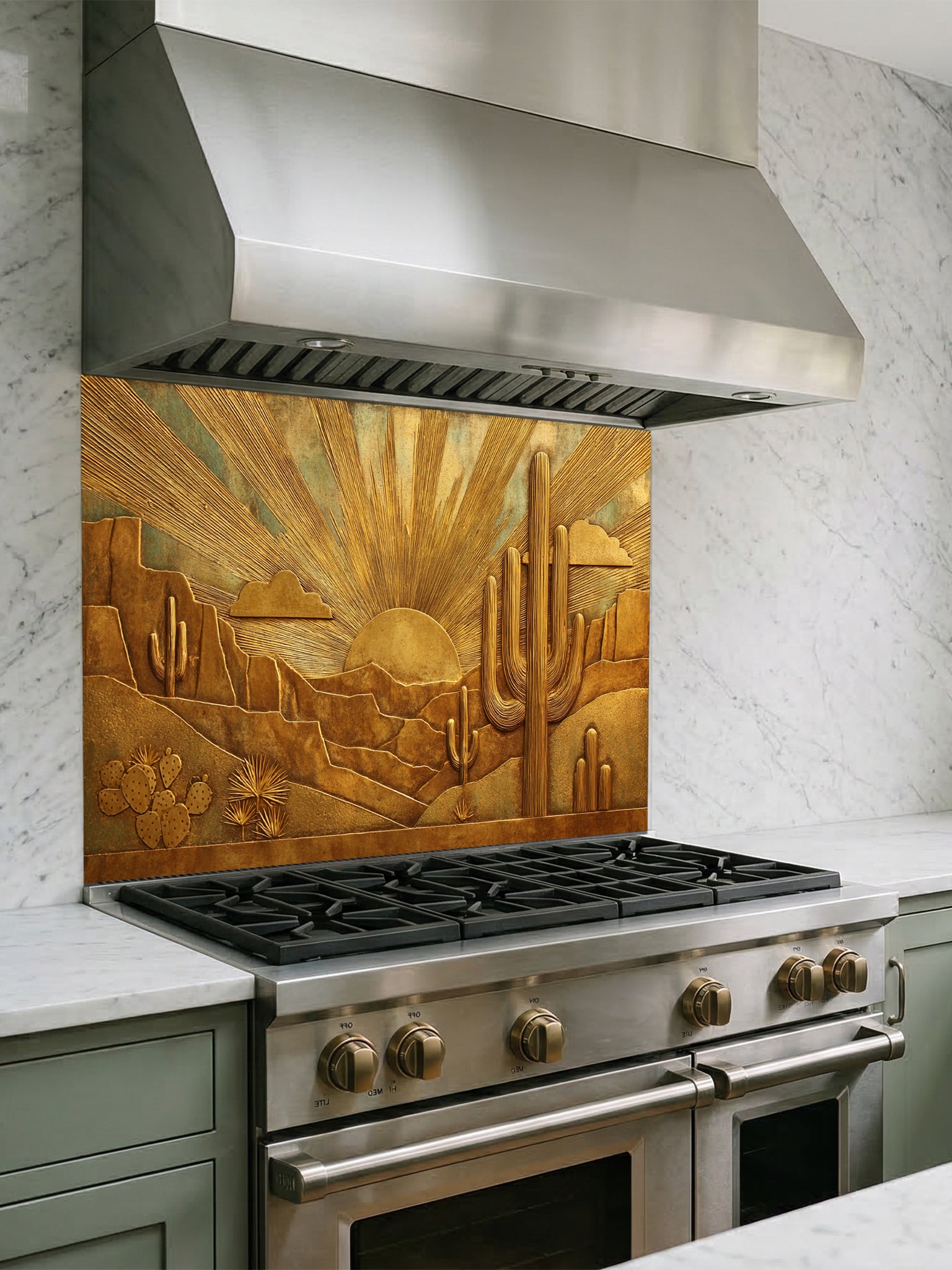 Faux 3D sculpted bronze and brass relief of a desert landscape with saguaro cacti and a radiant sunburst, UV printed on a smooth tempered glass kitchen backsplash.