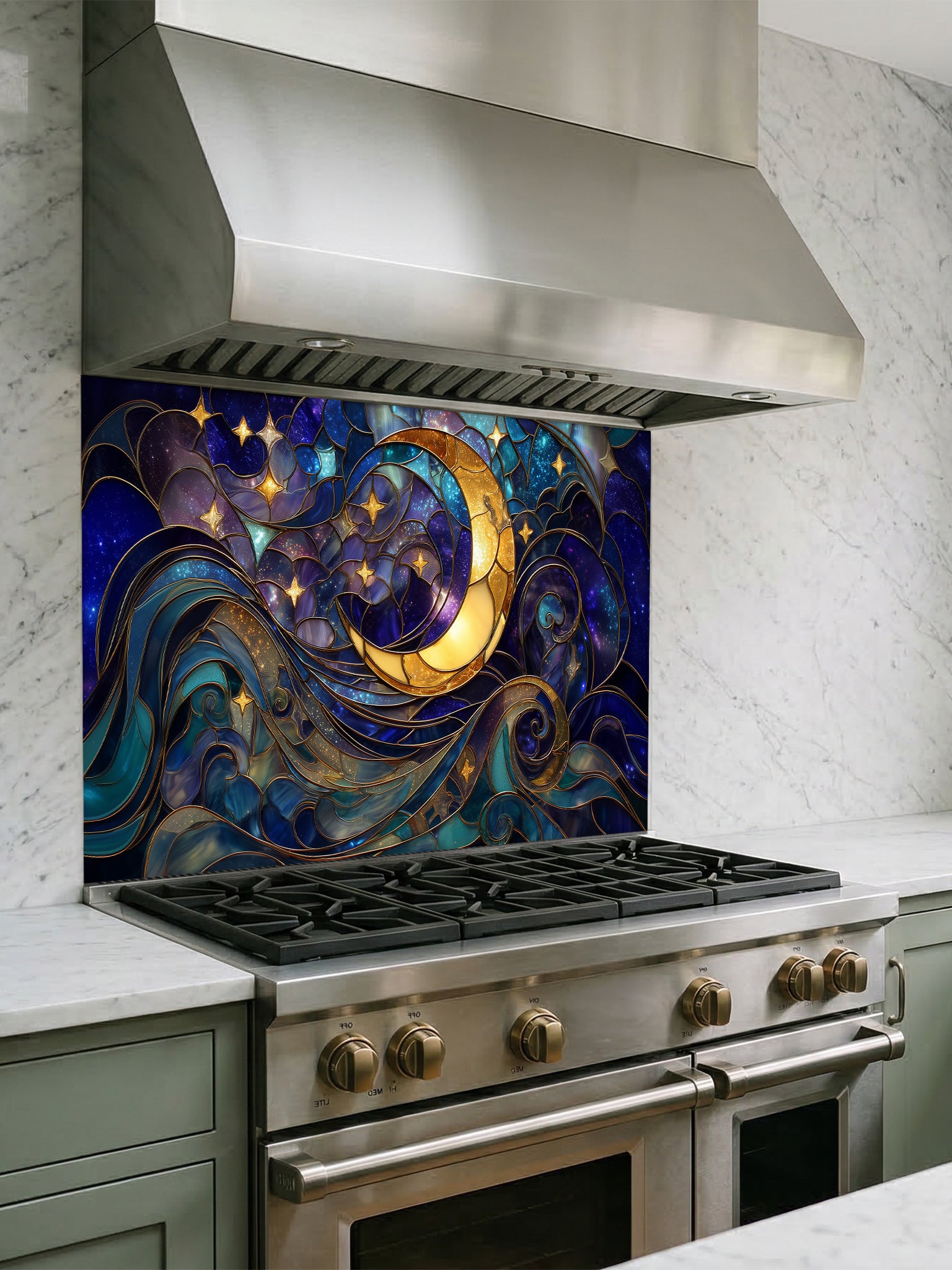 Tempered glass kitchen backsplash featuring a highly realistic 3D illusion of stained glass art showing a glowing golden crescent moon and stars swirling in a deep blue night sky, installed behind a modern stainless steel stove.