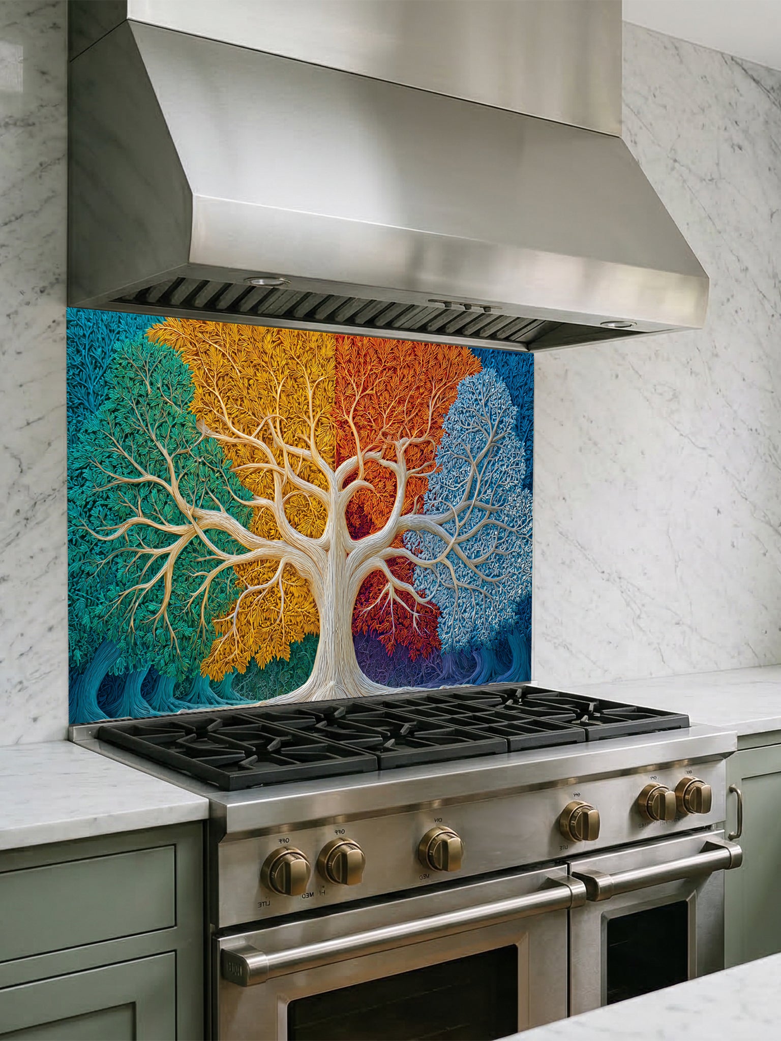 Faux 3D relief art of a Tree of Life with intricately textured leaves divided into four vibrant colors representing the four seasons, UV printed on a smooth tempered glass kitchen backsplash.