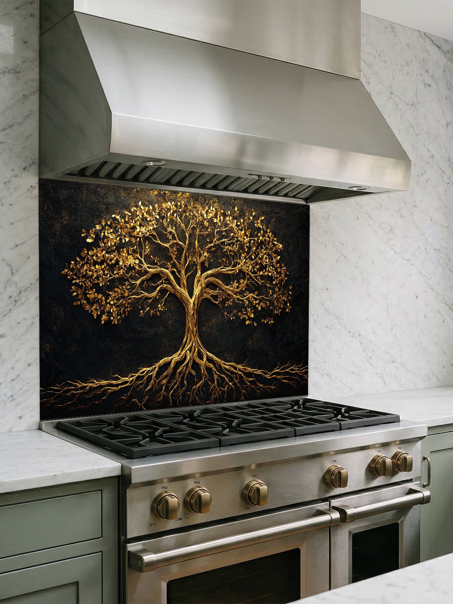 Abstract luxury fine art style Tree of Life featuring faux gold leaf and metallic textures, UV printed on a smooth tempered glass kitchen backsplash.