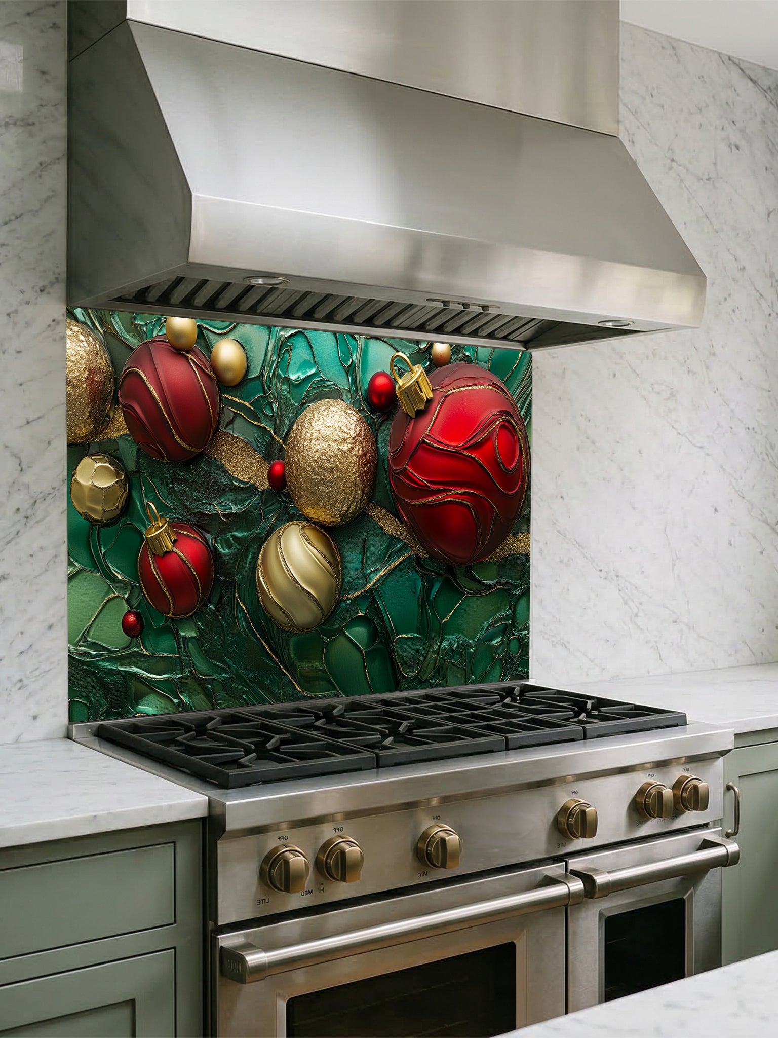 Tempered glass kitchen backsplash featuring a highly realistic 3D illusion of festive red and gold Christmas ornaments and ribbons floating against a deep emerald green marble and fluid art background with golden veins, installed behind a modern stainless steel stove.
