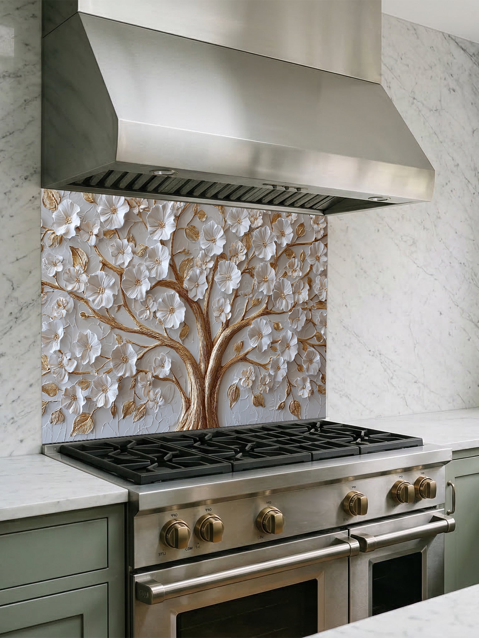 Faux 3D sculpted relief of a floral tree with pearl-white blossoms and heavy molten gold branches on a textured champagne background, UV printed on a smooth tempered glass kitchen backsplash.