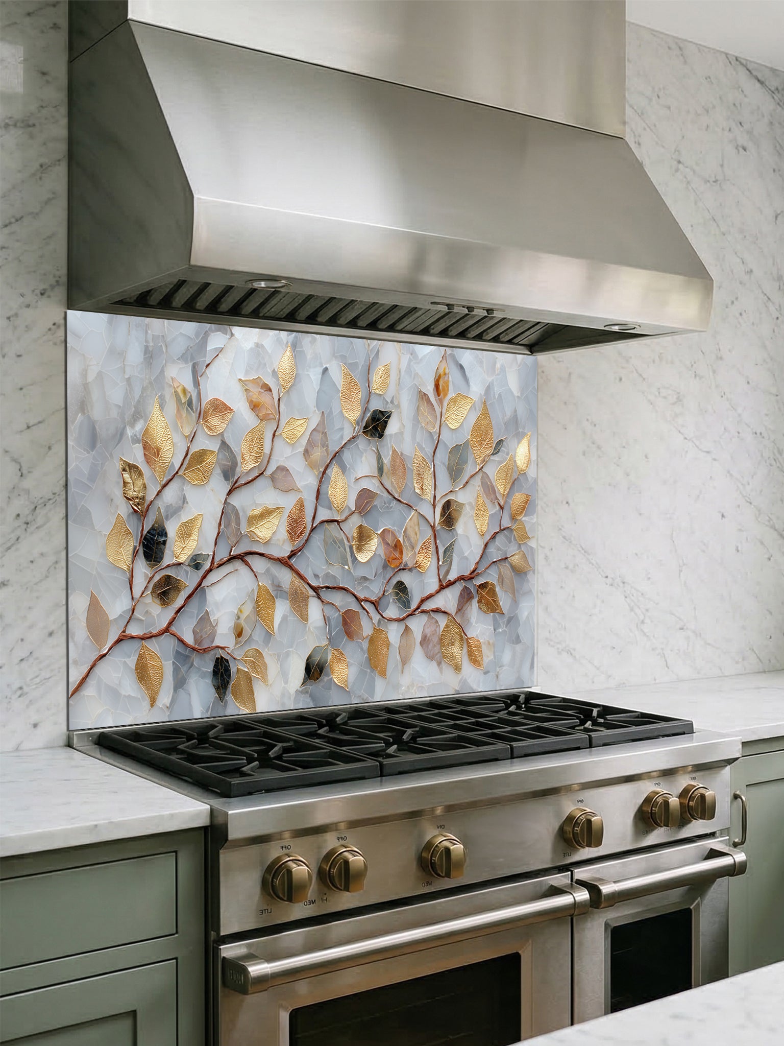 Tempered glass kitchen backsplash featuring a realistic 3D-effect design of elegant gold and bronze leaves on curving branches over a pearlescent white and soft grey cracked mosaic background, installed behind a modern stainless steel stove.