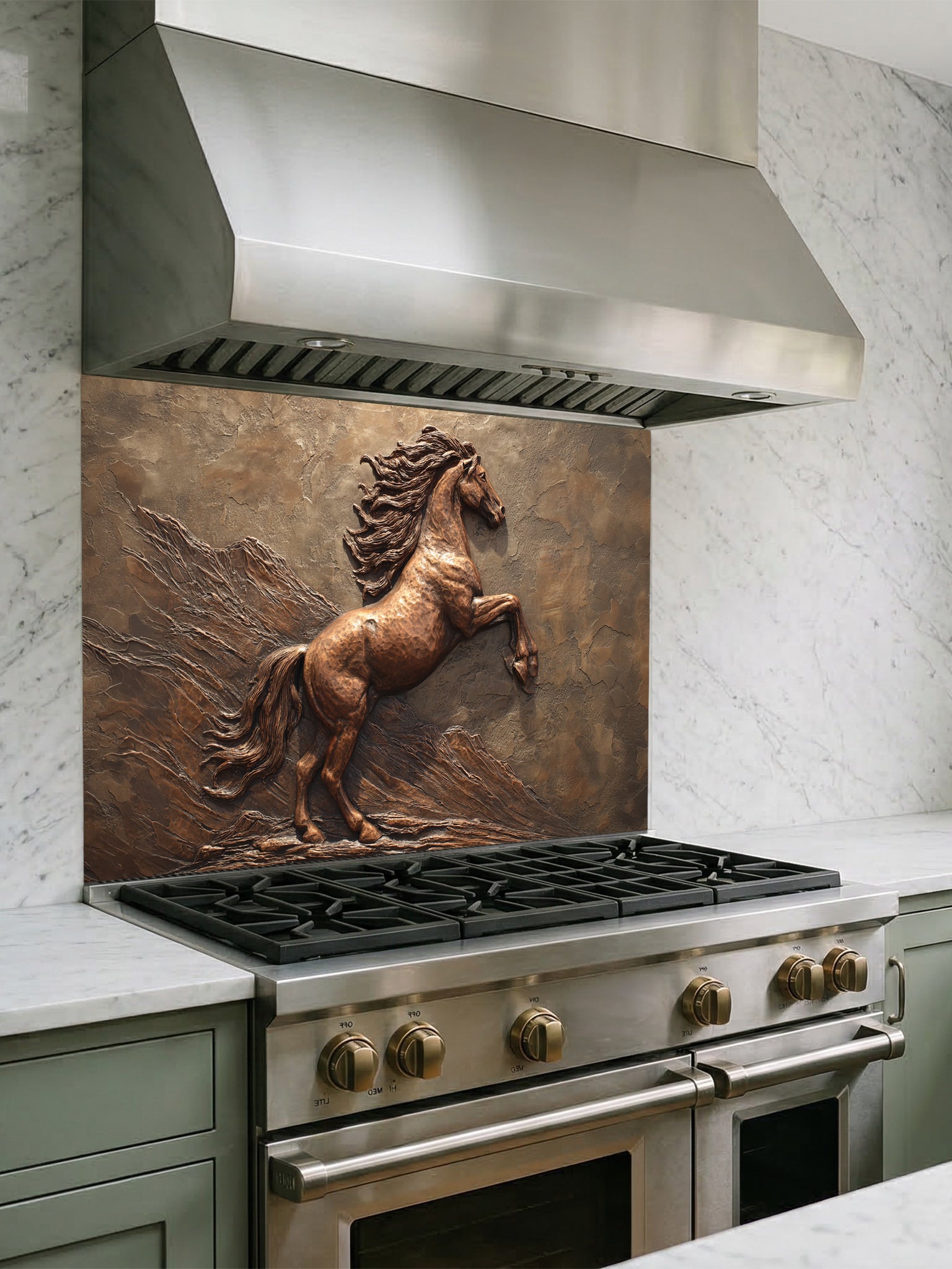 Faux 3D effect bronze carving of a majestic rearing horse, UV printed on a smooth tempered glass kitchen backsplash, installed behind a modern stove.