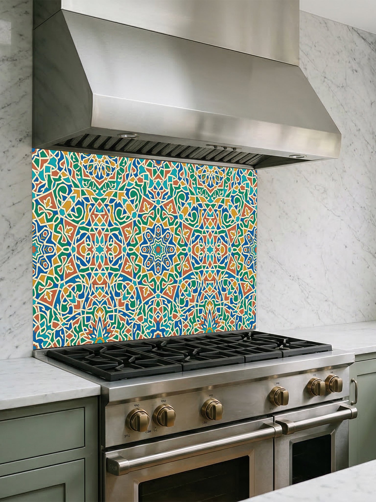 Kitchen with a colorful patterned tile backsplash behind a stove.