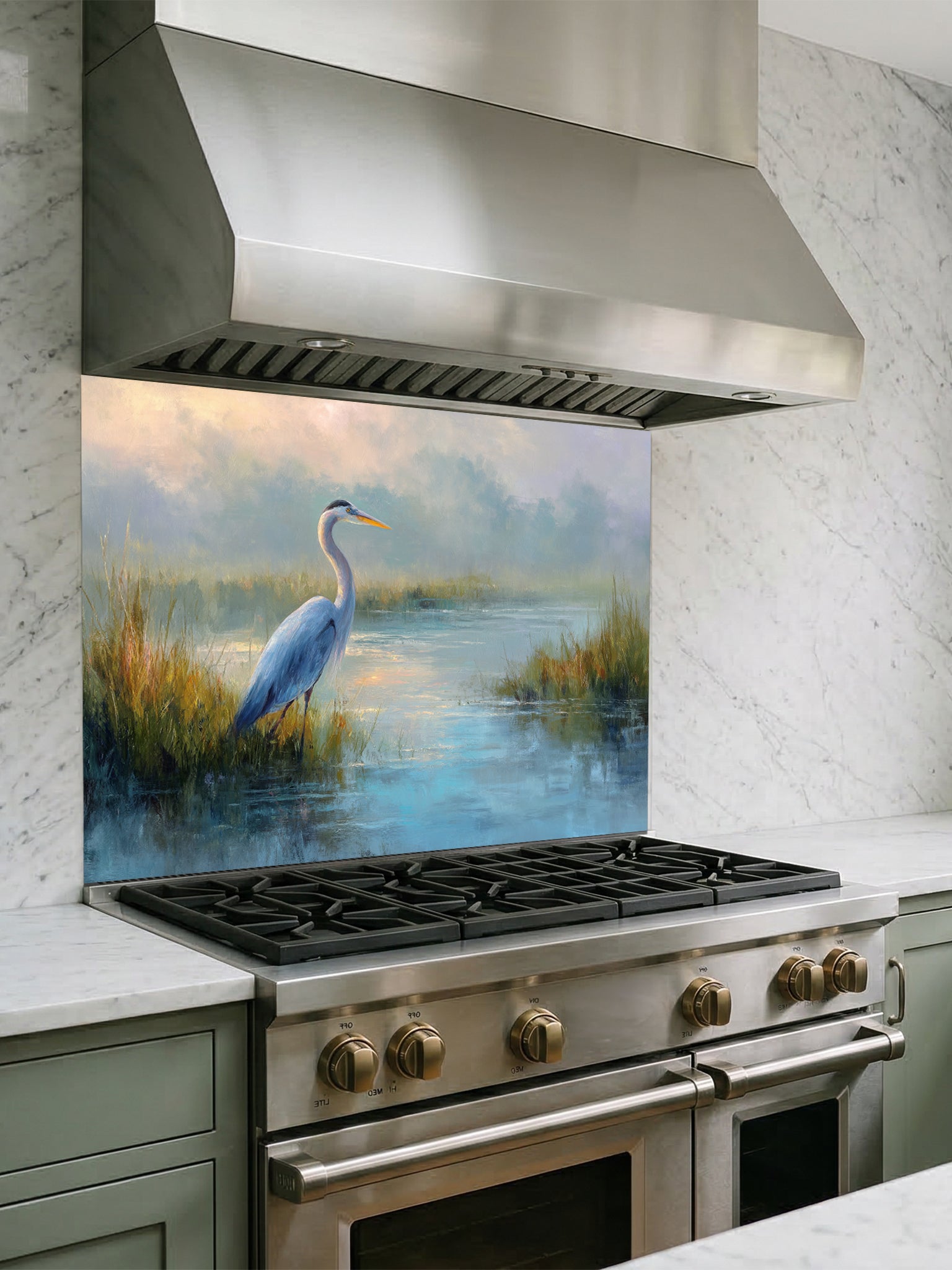 Fine art style oil painting of a blue heron standing in a misty wetland marsh, UV printed on a smooth tempered glass kitchen backsplash.
