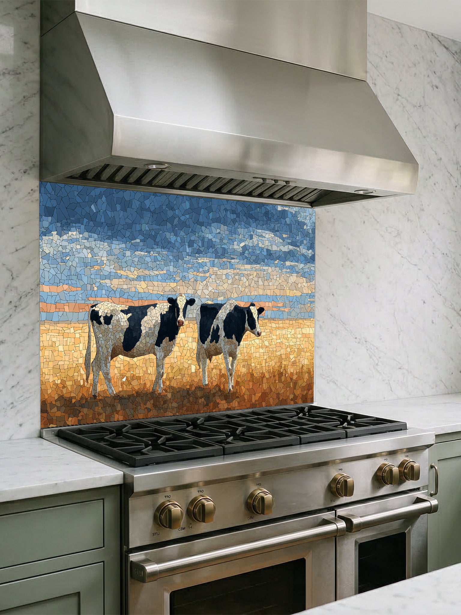 Faux mosaic tile art of black and white cows standing in a golden pasture under a blue sky, UV printed on a smooth tempered glass kitchen backsplash, installed behind a modern stove.
