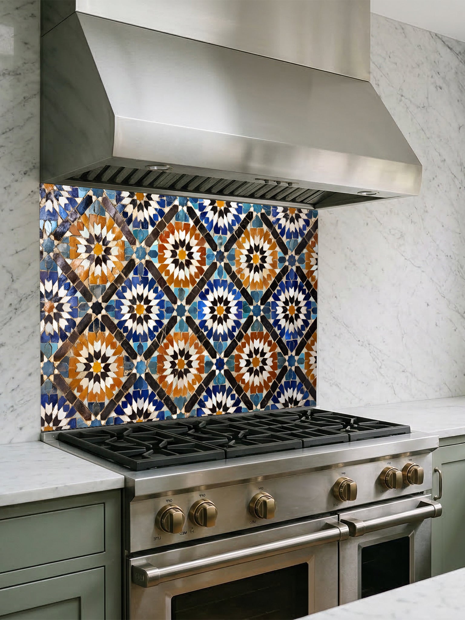 Kitchen stove with decorative tile backsplash featuring geometric pattern