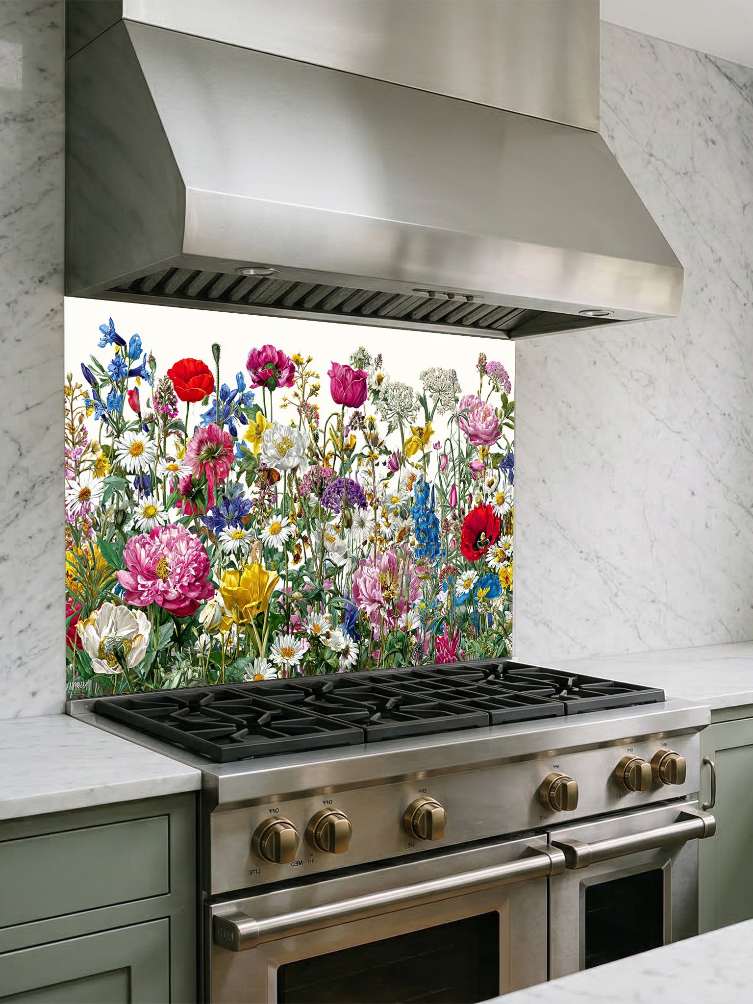 Vibrant spring meadow pattern featuring colorful wildflowers, red poppies, and daisies on a crisp white background, UV printed on a smooth tempered glass kitchen backsplash.