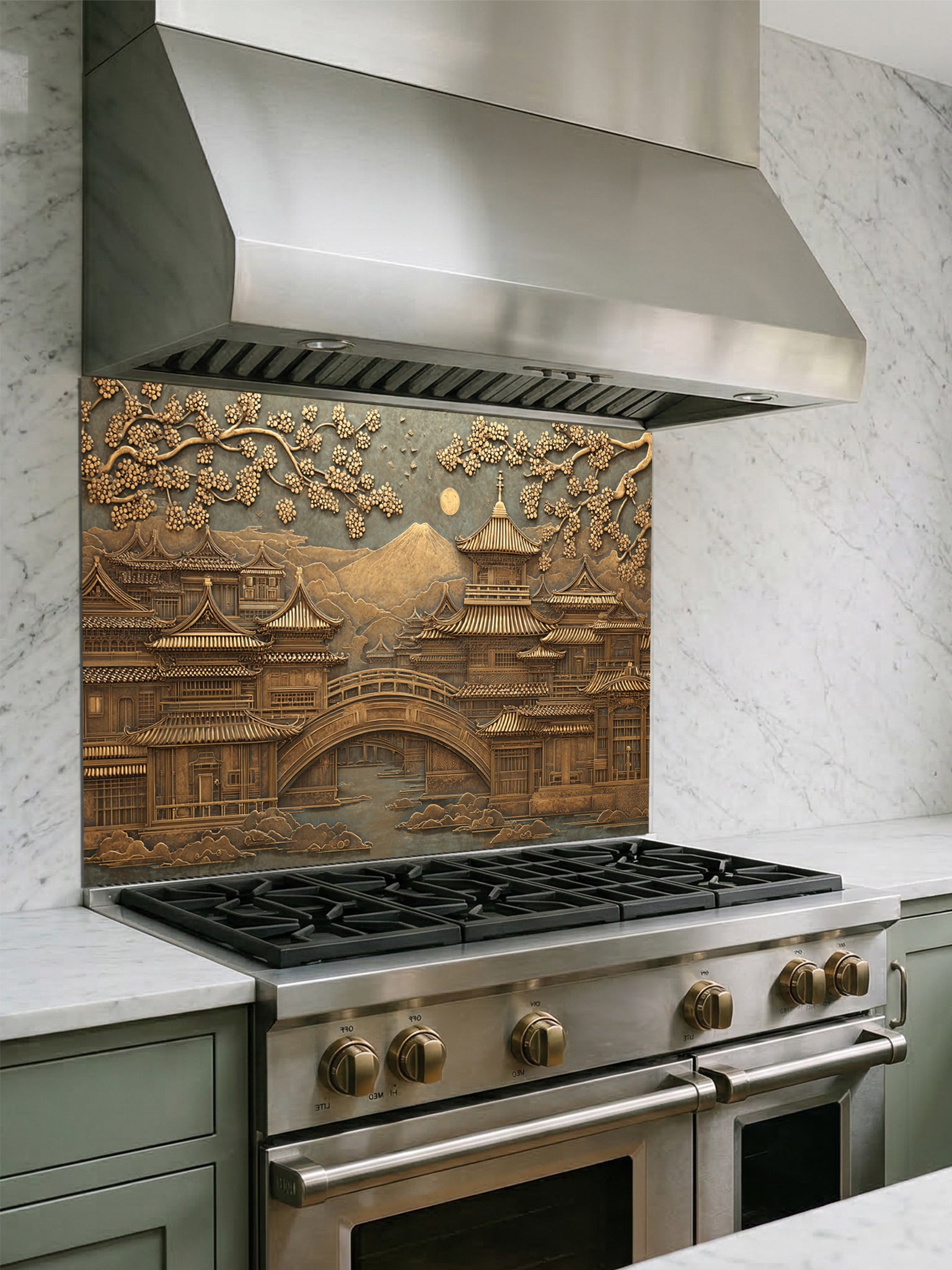 Tempered glass kitchen backsplash featuring a highly realistic 3D faux metal relief of a serene Japanese landscape with a traditional pagoda, bridge, cherry blossom trees, and a distant mountain in antique bronze tones, installed behind a modern stainless steel stove.