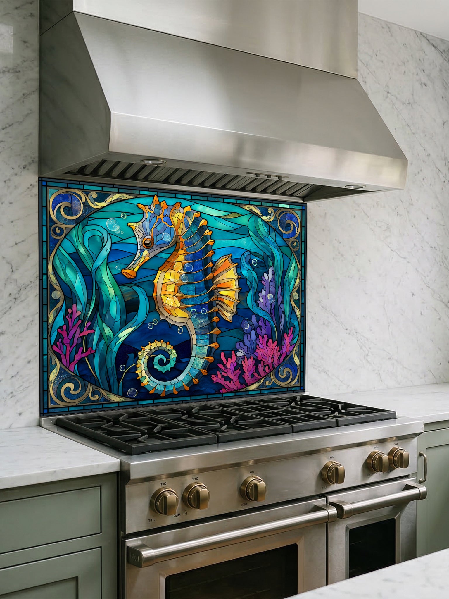 Faux stained glass pattern featuring a vibrant golden seahorse, magenta corals, and swirling turquoise ocean waves, UV printed on a smooth tempered glass kitchen backsplash.