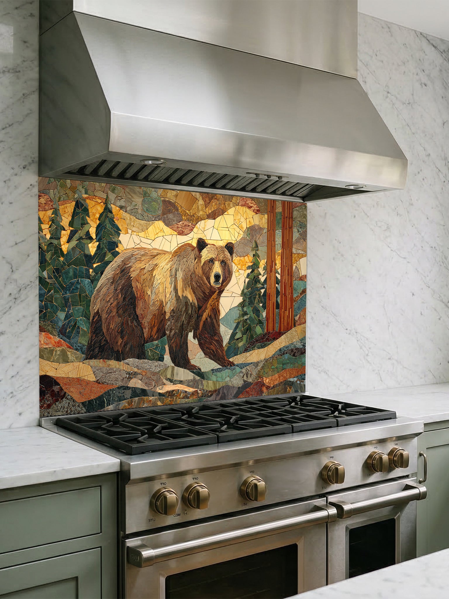 Tempered glass kitchen backsplash featuring a highly realistic 3D illusion of a rugged stone mosaic artwork showing a majestic brown bear walking through a forest of pine trees and mountains in earthy brown, green, and golden tones, installed behind a modern black stove.