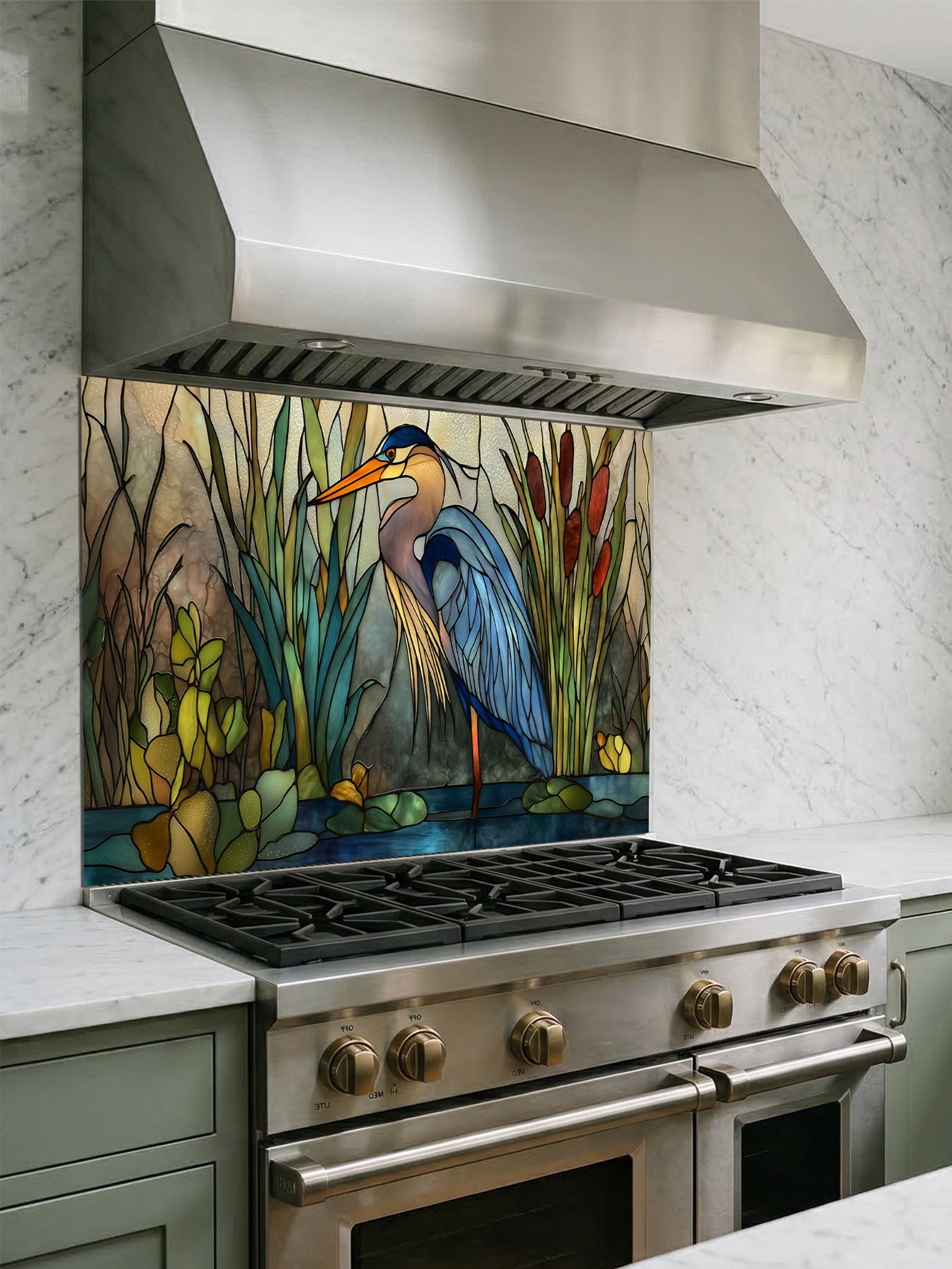 Tempered glass kitchen backsplash featuring a serene faux stained glass design of a majestic blue heron standing in a wetland with cattails and lily pads, installed behind a modern stainless steel stove.