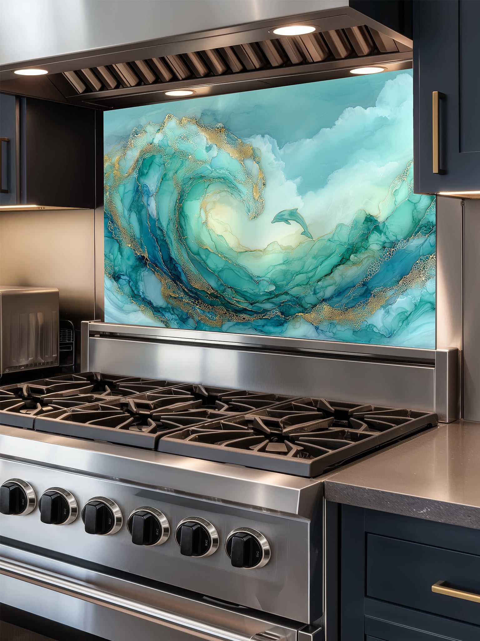 Tempered glass kitchen backsplash featuring a vibrant teal and gold abstract alcohol ink ocean wave with a small jumping dolphin, installed behind a modern stainless steel stove.