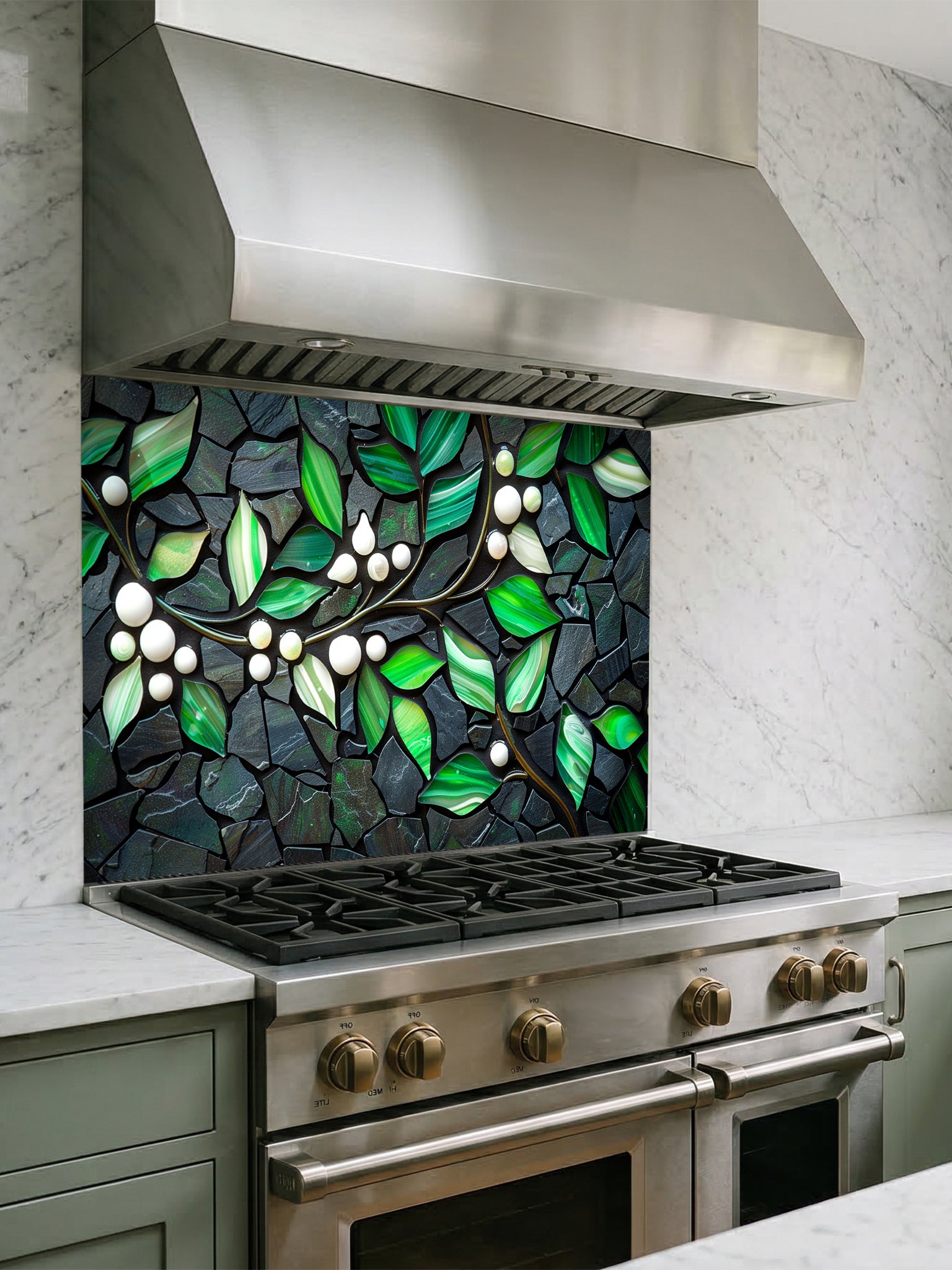 Tempered glass kitchen backsplash featuring a highly realistic 3D illusion of a stone mosaic showcasing vibrant emerald green agate-like leaves and white pearl berries on a glowing golden branch against a dark charcoal stone background, installed behind a modern black stove.
