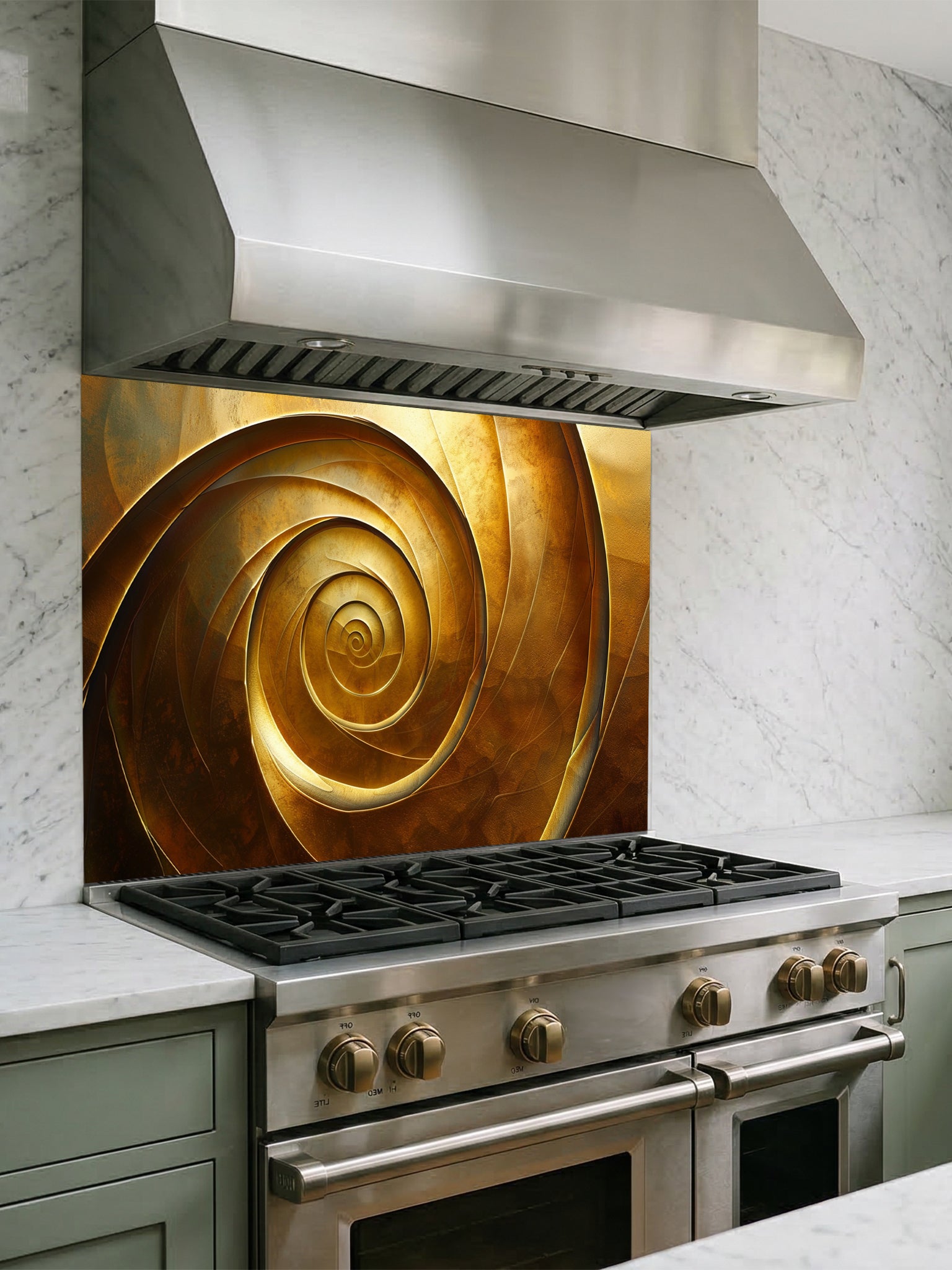 Tempered glass kitchen backsplash featuring a highly realistic 3D illusion of an abstract metallic golden spiral or vortex with deep shadows and glowing bronze highlights, installed behind a modern black stove.