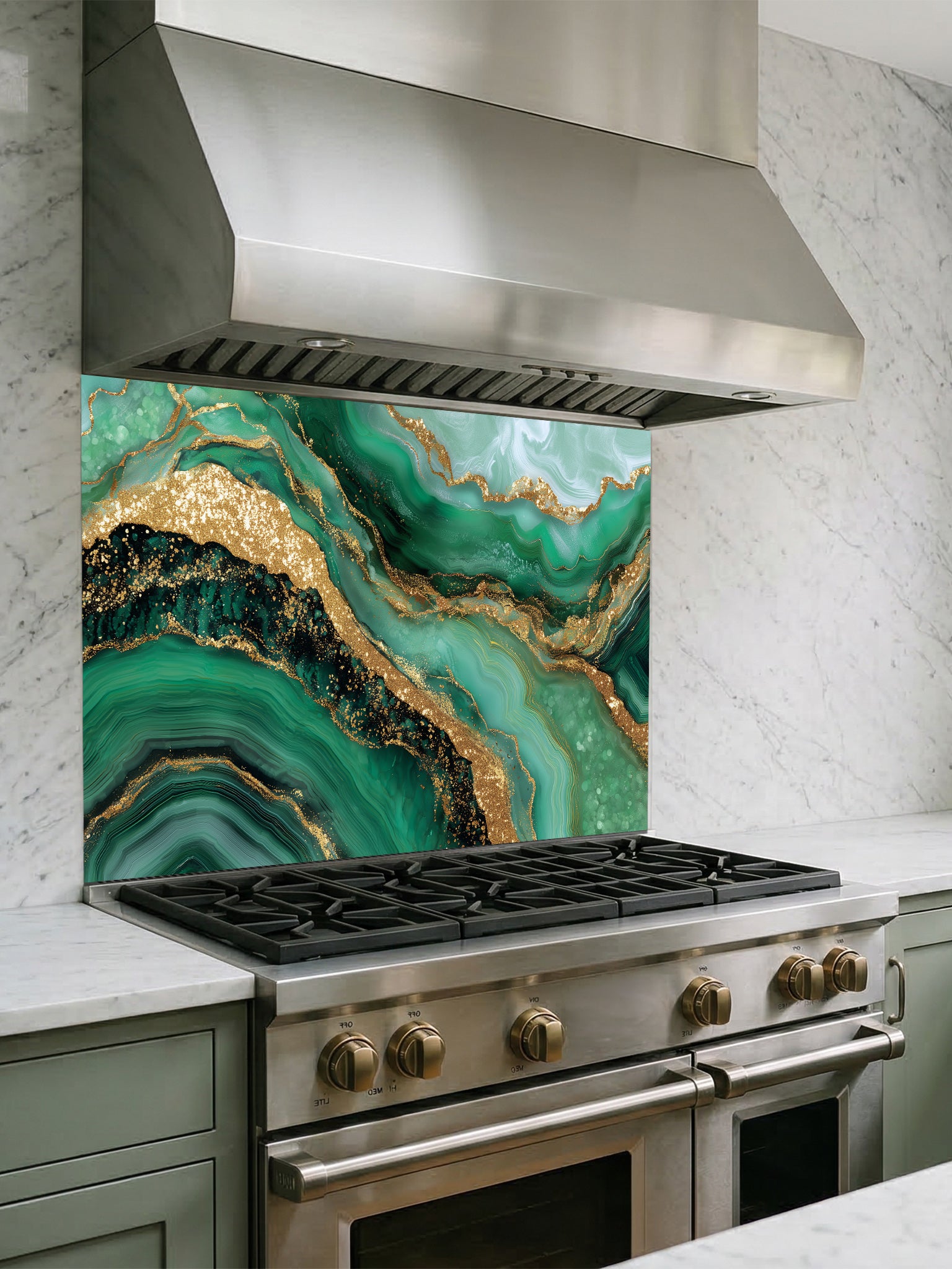 Tempered glass kitchen backsplash featuring a highly realistic illusion of emerald green and gold agate fluid art with faux glitter veins, installed behind a modern stainless steel stove.