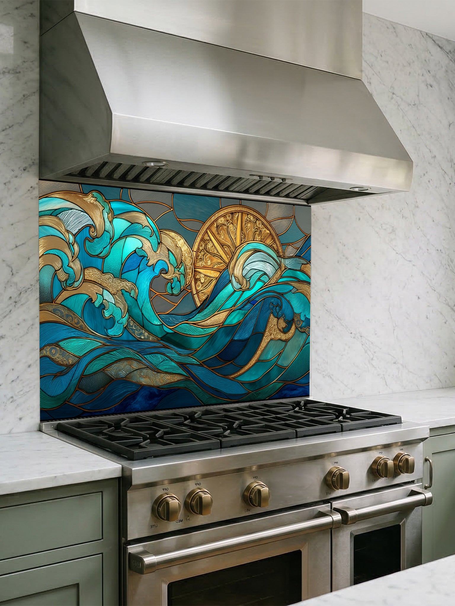 Art Deco stained glass style teal ocean waves and a golden sun UV printed on tempered glass kitchen backsplash, installed behind a modern stove.