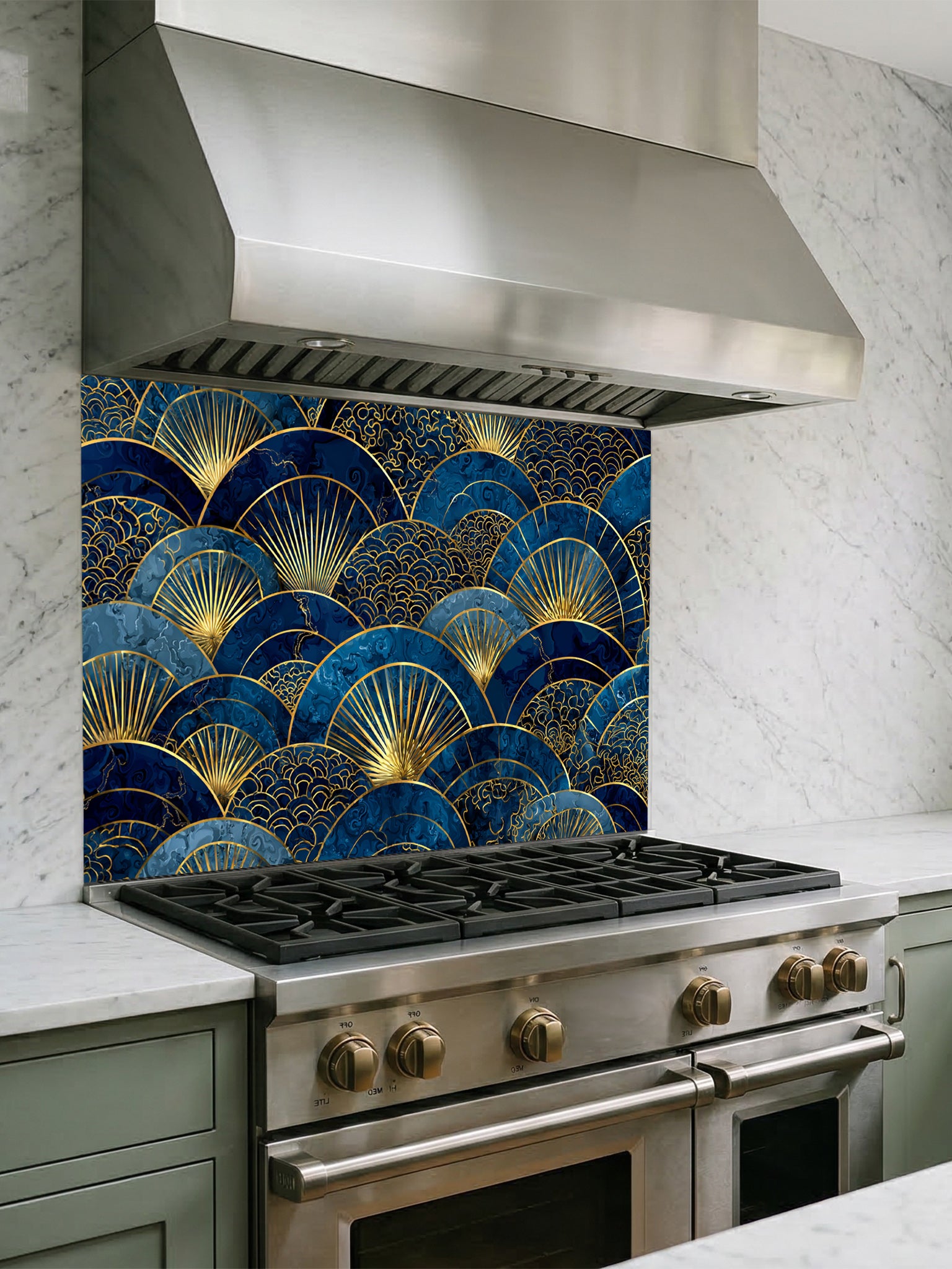 Intricate Japanese Seigaiha wave and Art Deco sunburst fan pattern in deep navy blue and gold, UV printed on a smooth tempered glass kitchen backsplash, installed behind a modern stove.