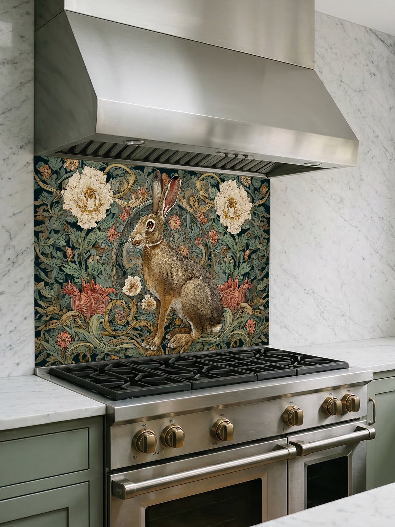 Stainless steel range hood above a stove with a decorative rabbit and floral backsplash.