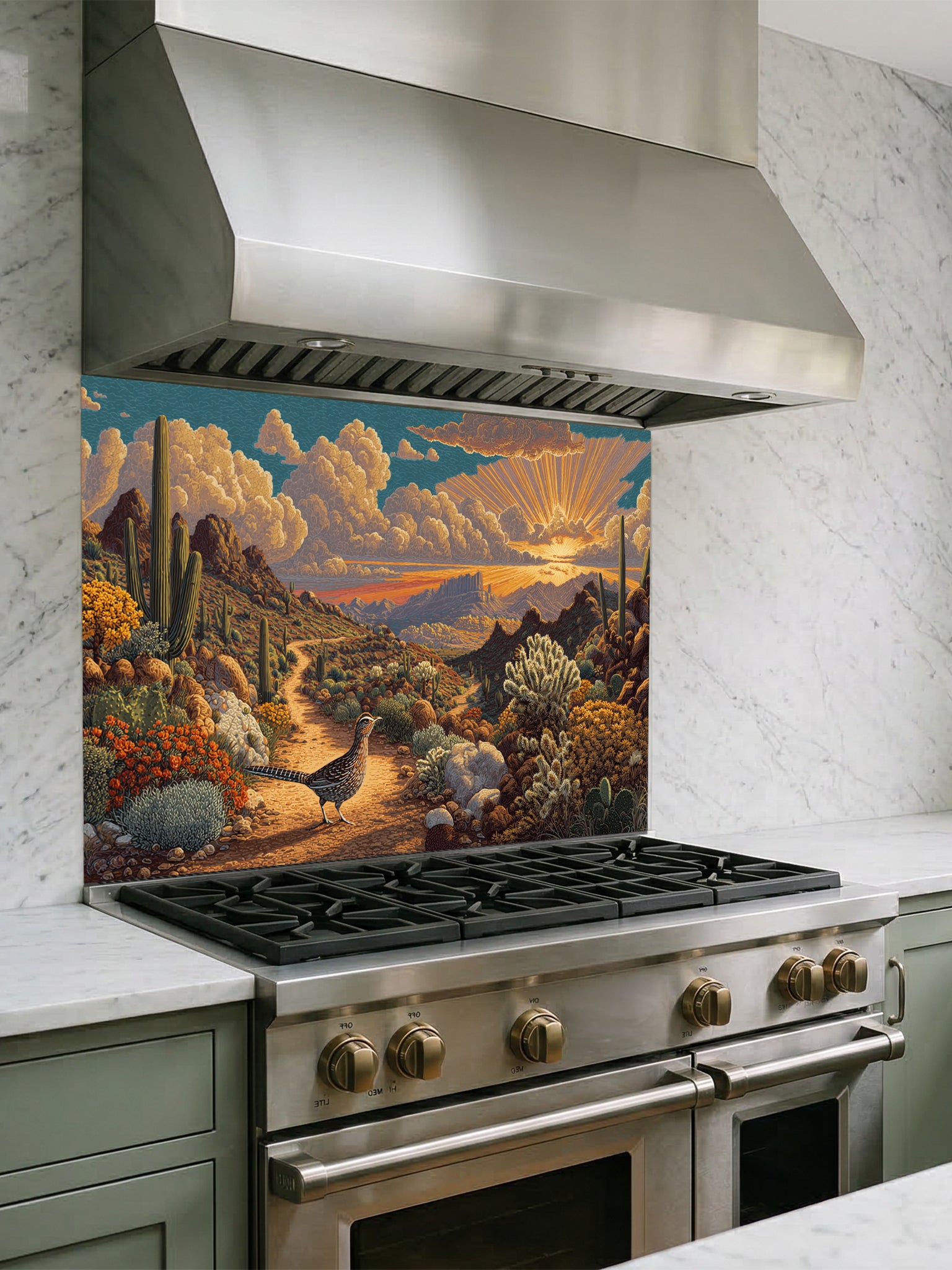 Tempered glass kitchen backsplash featuring a highly realistic 3D illusion of a vintage impasto oil painting showing a beautiful Southwestern desert landscape with a dirt trail, saguaro cacti, blooming flora, a quail, and a radiant sunburst sunset, installed behind a modern black stove.