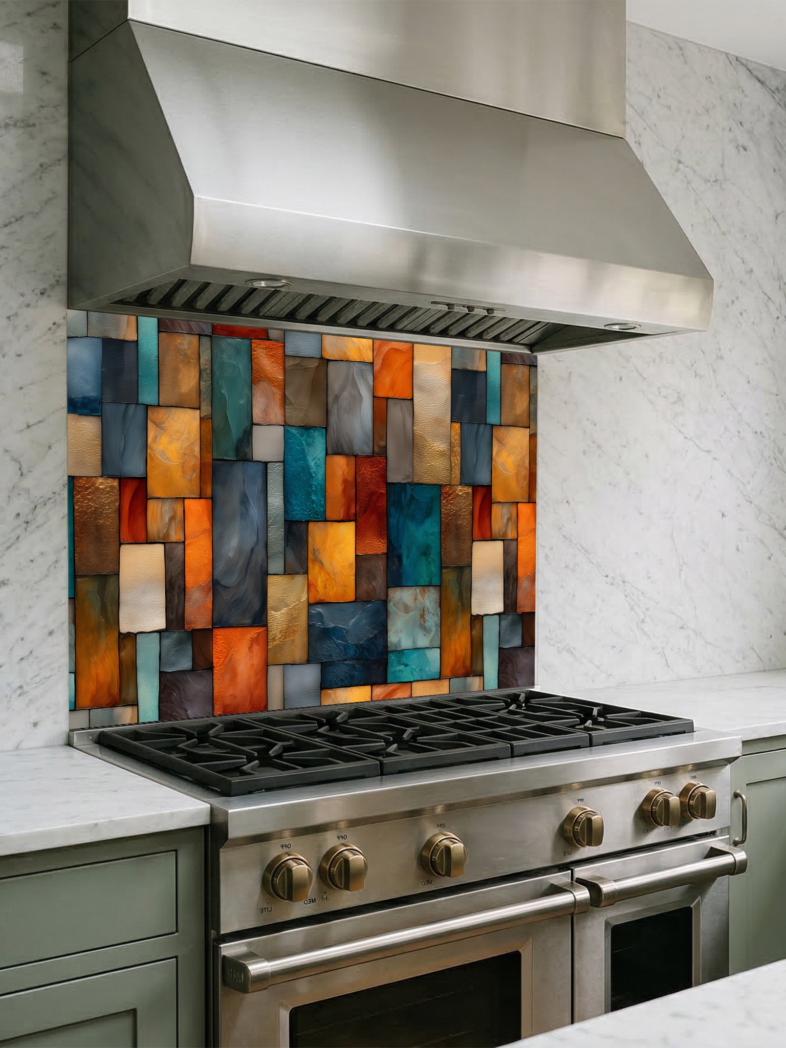 Tempered glass kitchen backsplash featuring a highly realistic 3D illusion of an abstract geometric mosaic made of textured stained glass rectangles in vibrant teal, amber, orange, and slate grey, installed behind a modern stainless steel stove.