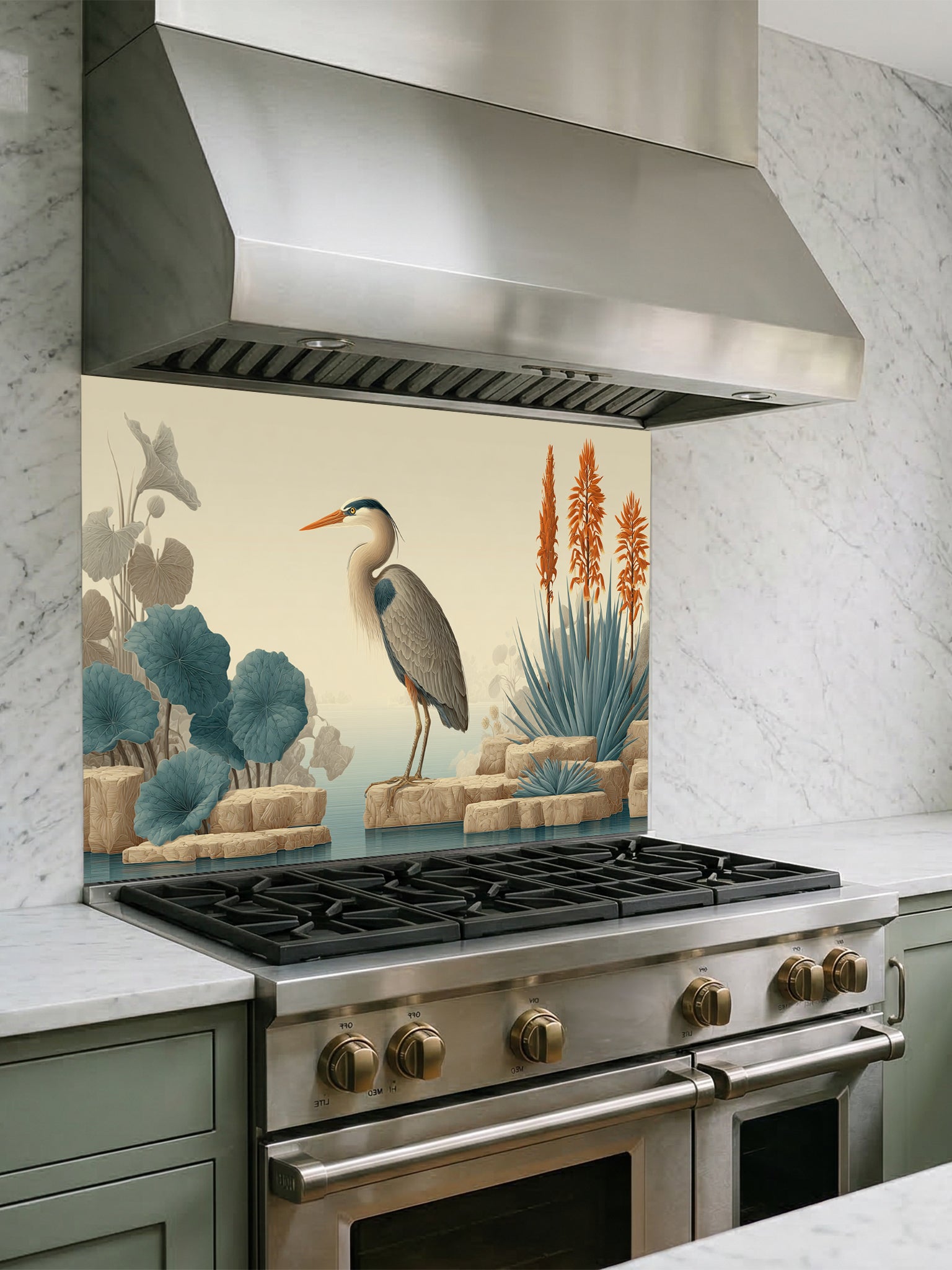 Tempered glass kitchen backsplash featuring a highly realistic illusion of a vintage naturalist illustration showing a serene blue heron standing on beige rocks among muted teal lotus leaves and tall orange exotic flowers against a soft cream background, installed behind a modern black stove.