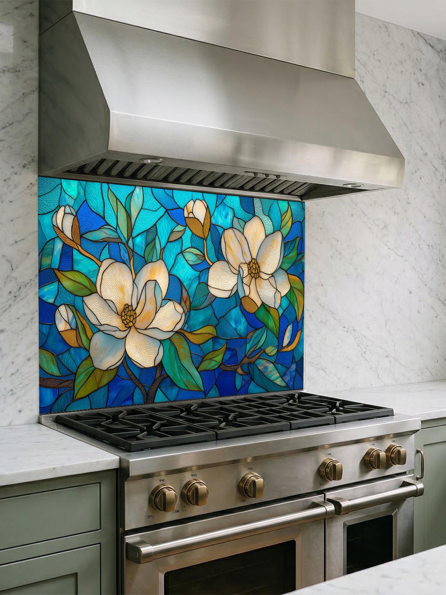 Stained glass style floral pattern featuring large white magnolia blossoms and green leaves against a vibrant blue and turquoise background, UV printed on a smooth tempered glass kitchen backsplash.