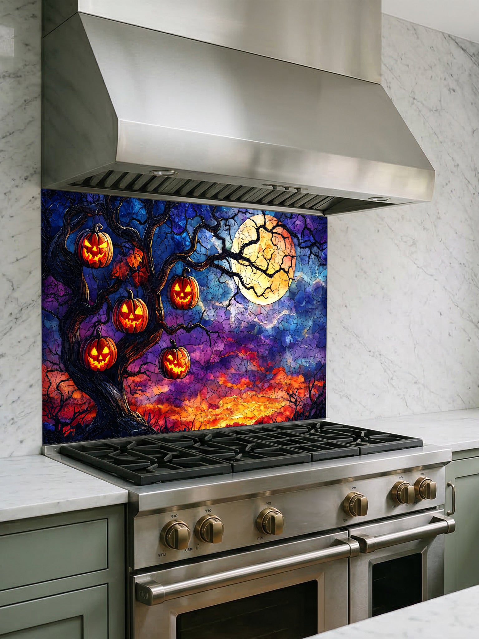 Stainless steel range hood above a stove with a colorful Halloween-themed backsplash.
