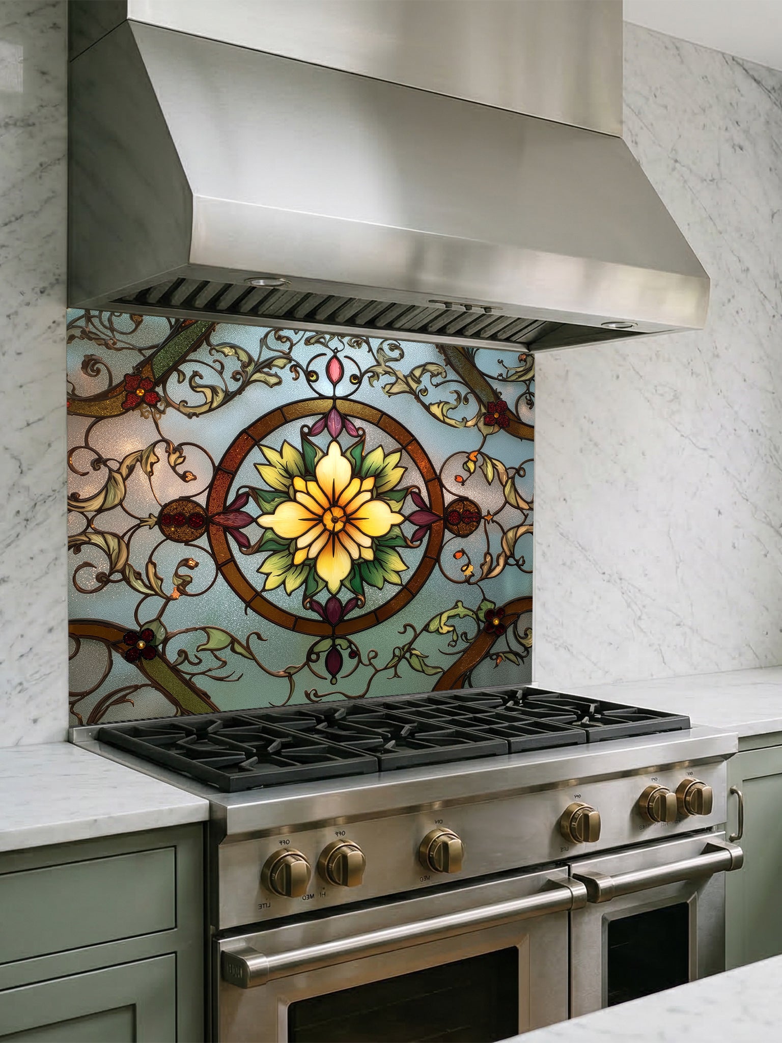 Tempered glass kitchen backsplash featuring a highly realistic 3D illusion of vintage stained glass, showcasing a glowing yellow floral medallion surrounded by green vines and red accents against a frosted blue background, installed behind a modern stainless steel stove.