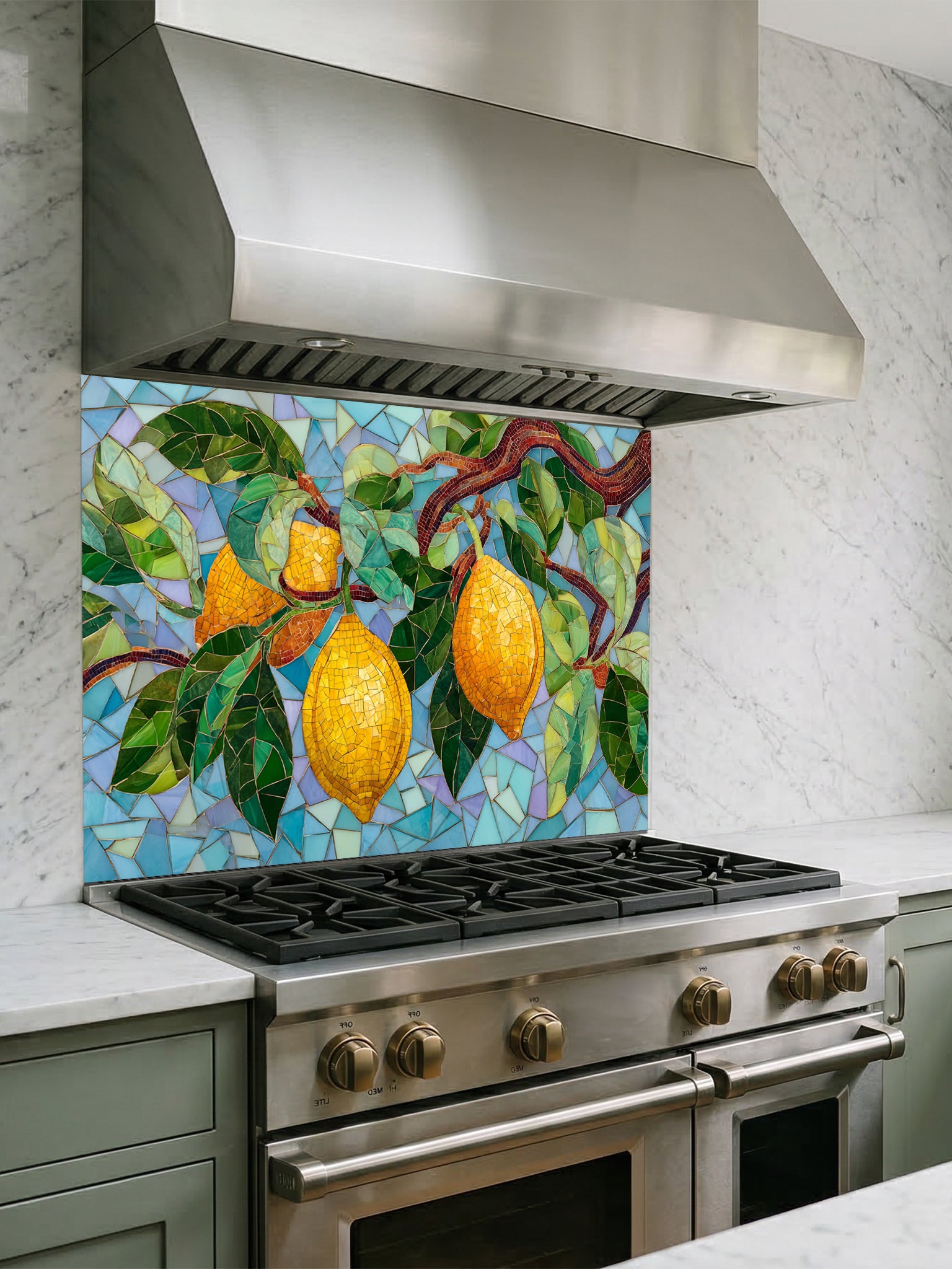Tempered glass kitchen backsplash featuring a highly realistic 3D illusion of mosaic tile art showing bright yellow lemons and lush green leaves on a branch against a multi-toned light blue and teal mosaic background, installed behind a modern black stove.
