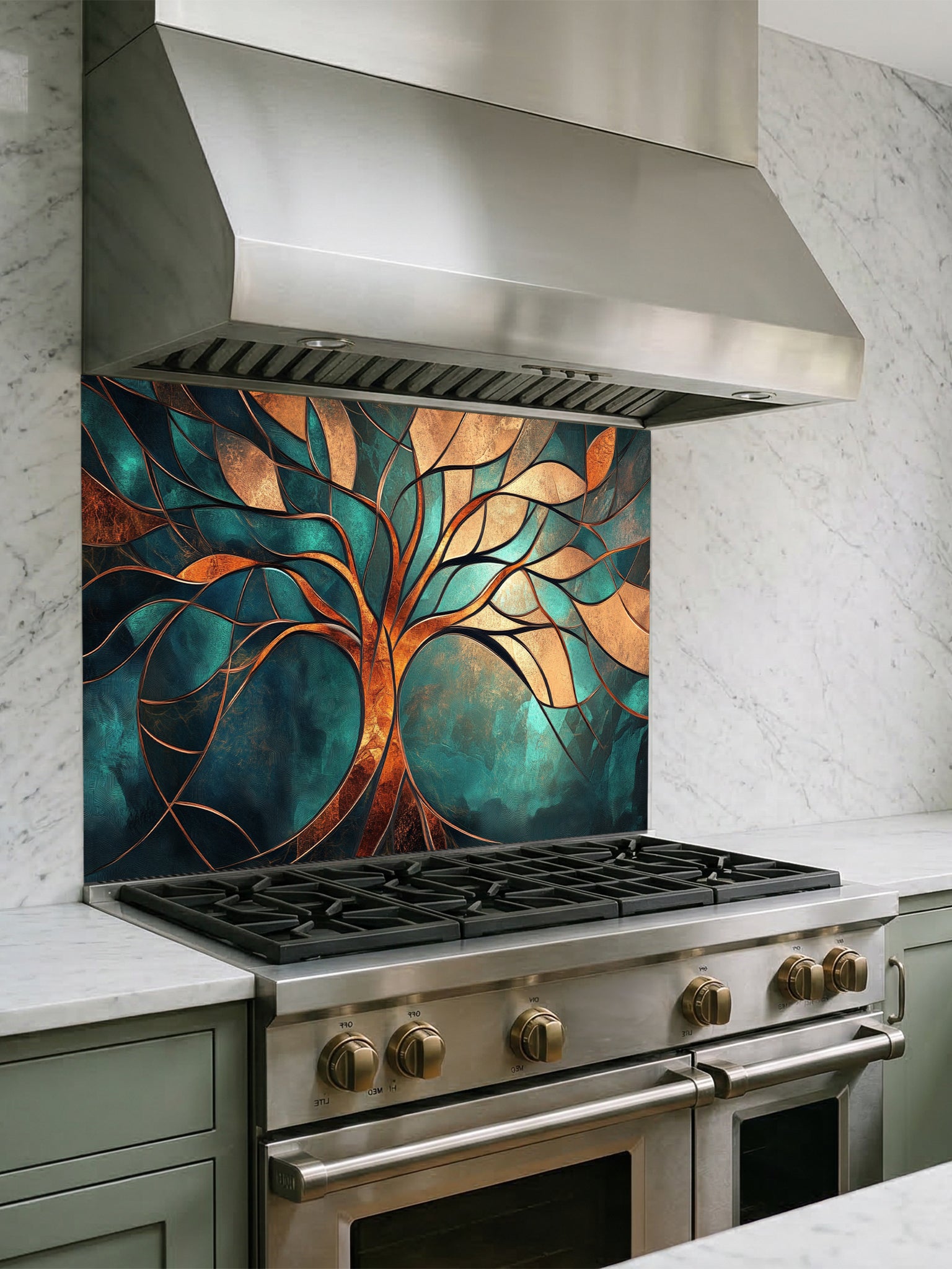 Tempered glass kitchen backsplash featuring a highly realistic 3D illusion of a stained glass and metallic Tree of Life with glowing gold, bronze, and copper branches against a rich teal and emerald background, installed behind a modern black stove.