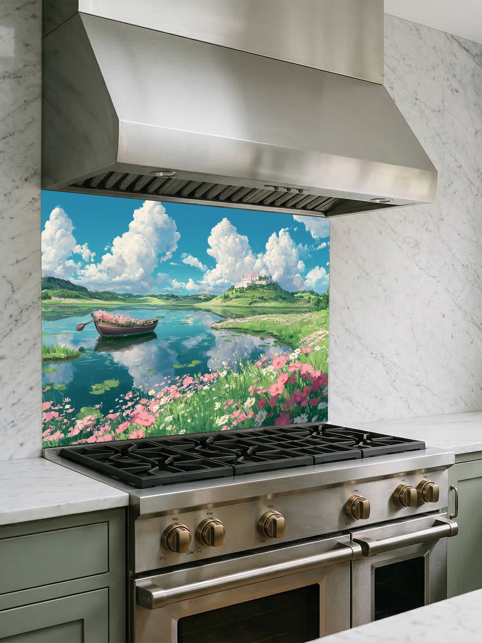 Anime style vibrant summer landscape with fluffy white clouds, a blue lake, a flower-filled boat, and pink cosmos flowers, UV printed on a smooth tempered glass kitchen backsplash.