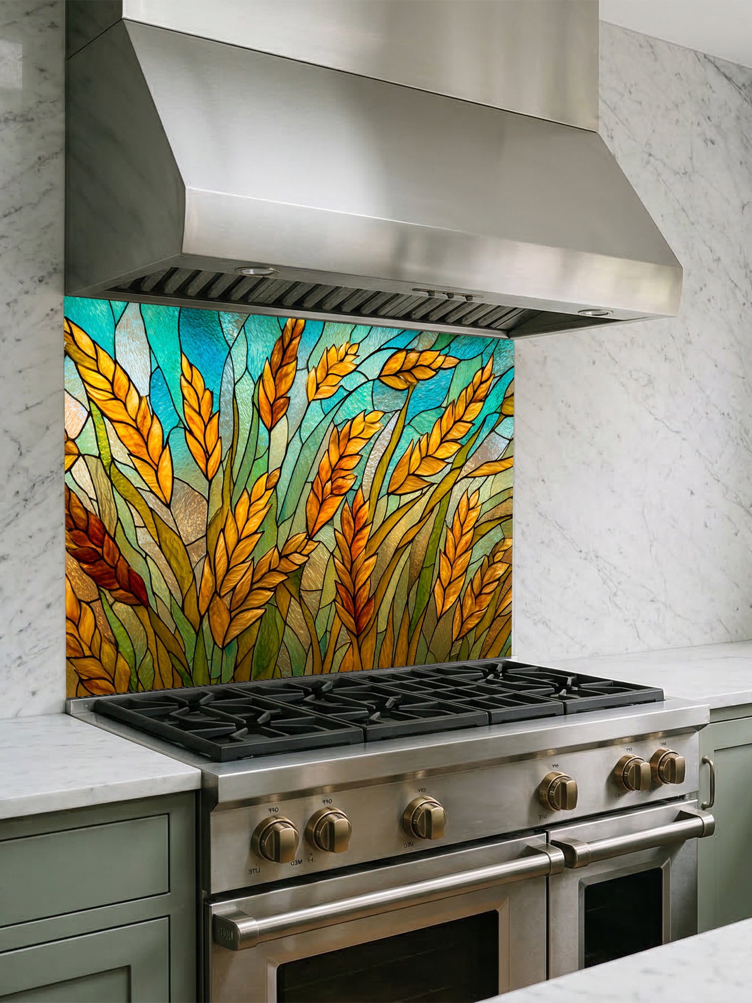 Tempered glass kitchen backsplash featuring a highly realistic 3D illusion of stained glass art showing golden amber wheat stalks swaying against a vibrant teal and turquoise sky with black faux lead lines, installed behind a modern black stove.