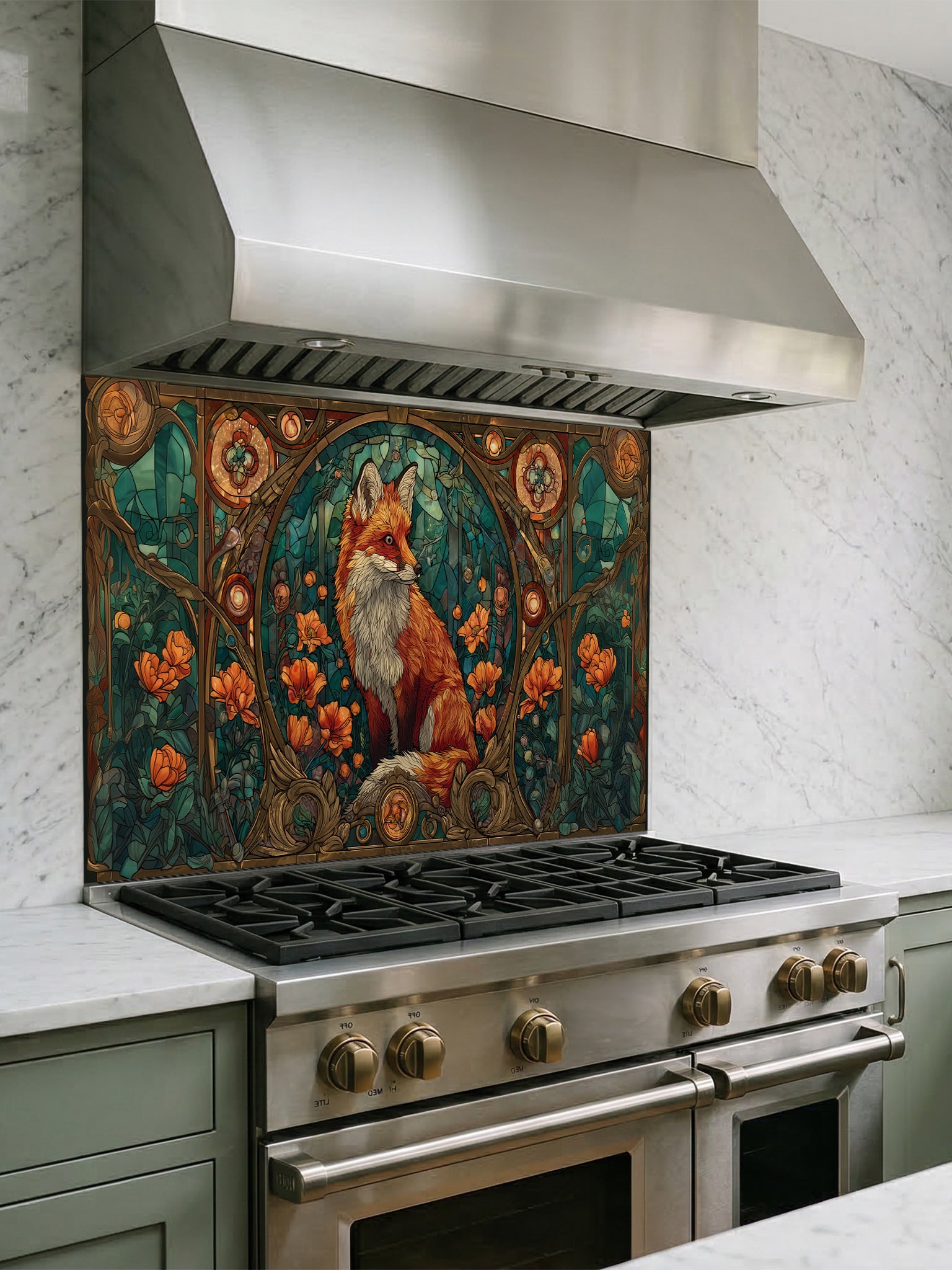 Tempered glass kitchen backsplash featuring a highly realistic 3D illusion of Art Nouveau stained glass showing a red fox surrounded by orange flowers and ornate borders against a teal background, installed behind a modern stainless steel stove.