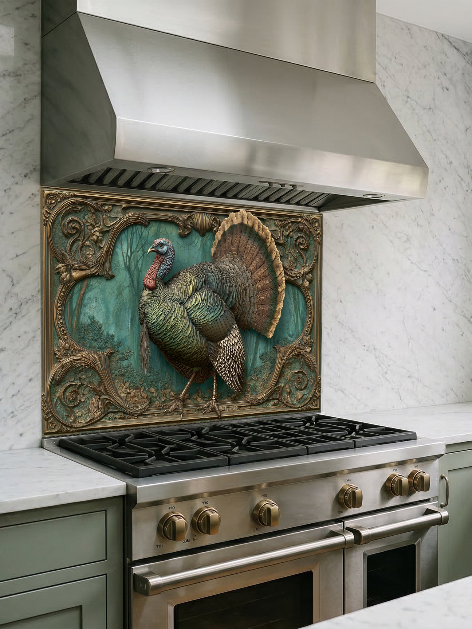Faux 3D sculpted bronze and brass relief of a majestic turkey framed by baroque scrollwork, UV printed on a smooth tempered glass kitchen backsplash.
