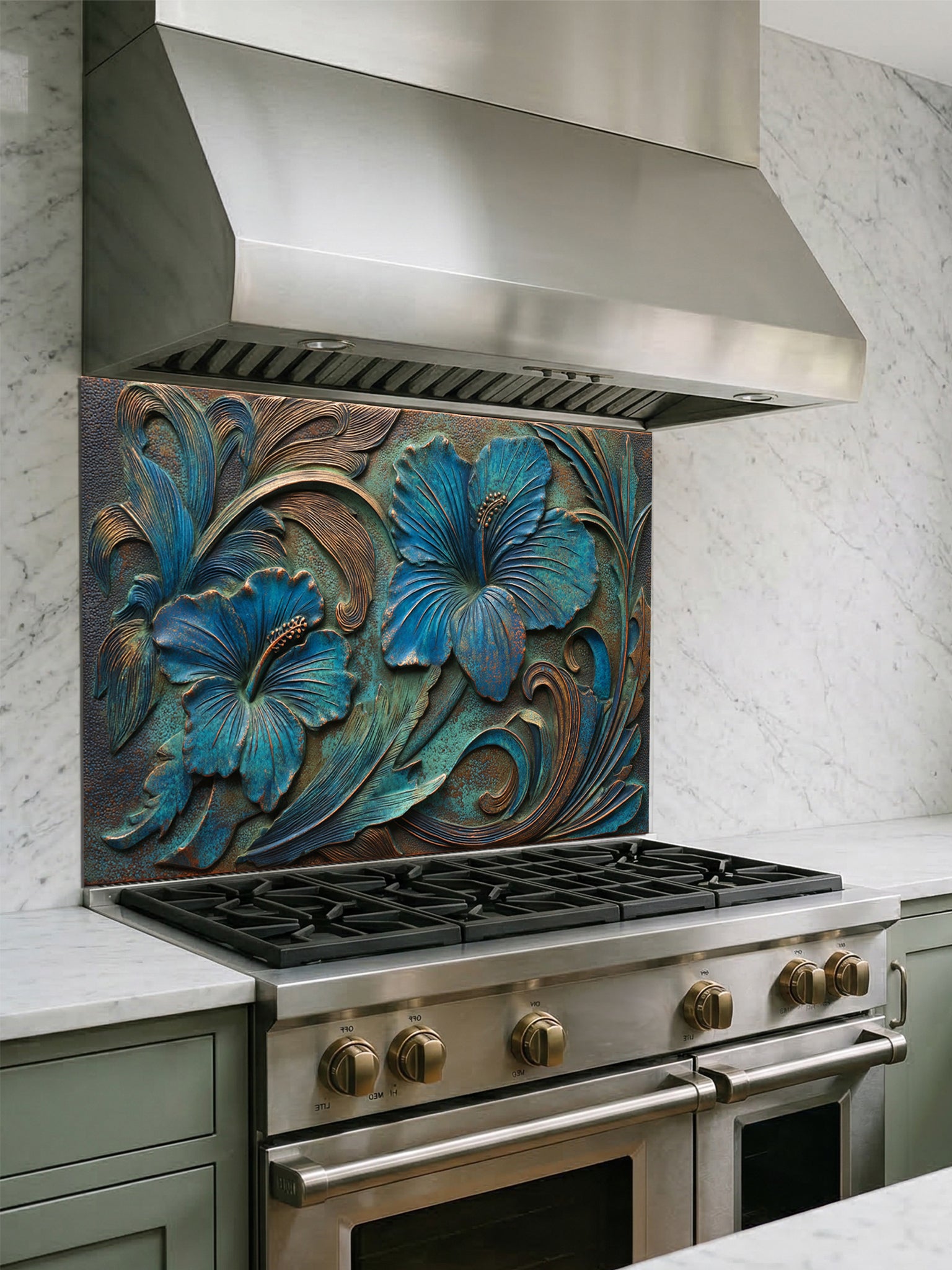 Tempered glass kitchen backsplash featuring a highly realistic 3D faux metal relief design of large tropical hibiscus flowers with a rich teal patina and antique copper accents over a dark textured background, installed behind a modern stainless steel stove.