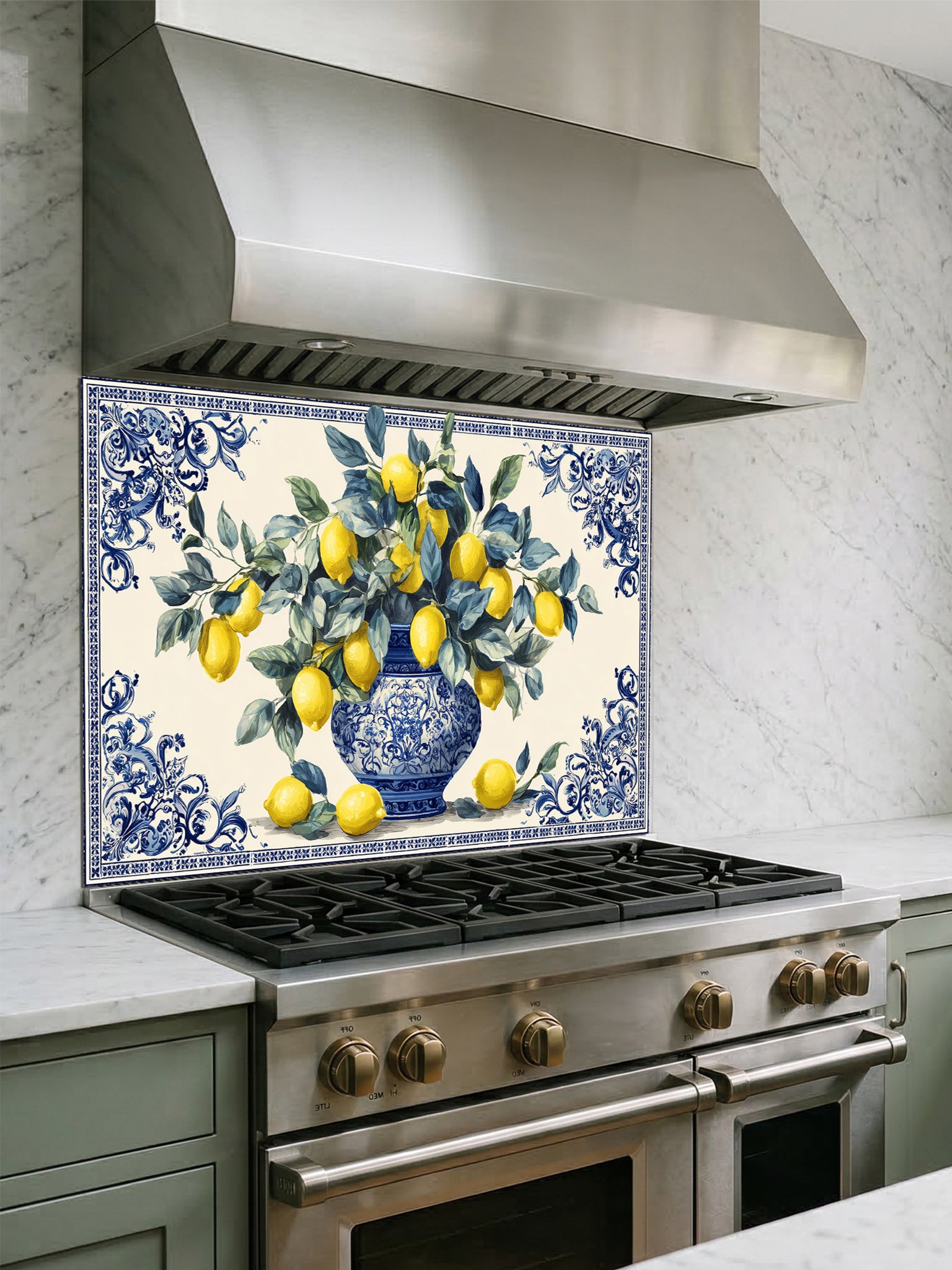Tempered glass kitchen backsplash featuring a vibrant Mediterranean design with yellow lemons and green leaves in an ornate blue and white porcelain vase, framed by a classic Azulejo-style tile border, installed behind a modern stainless steel stove.