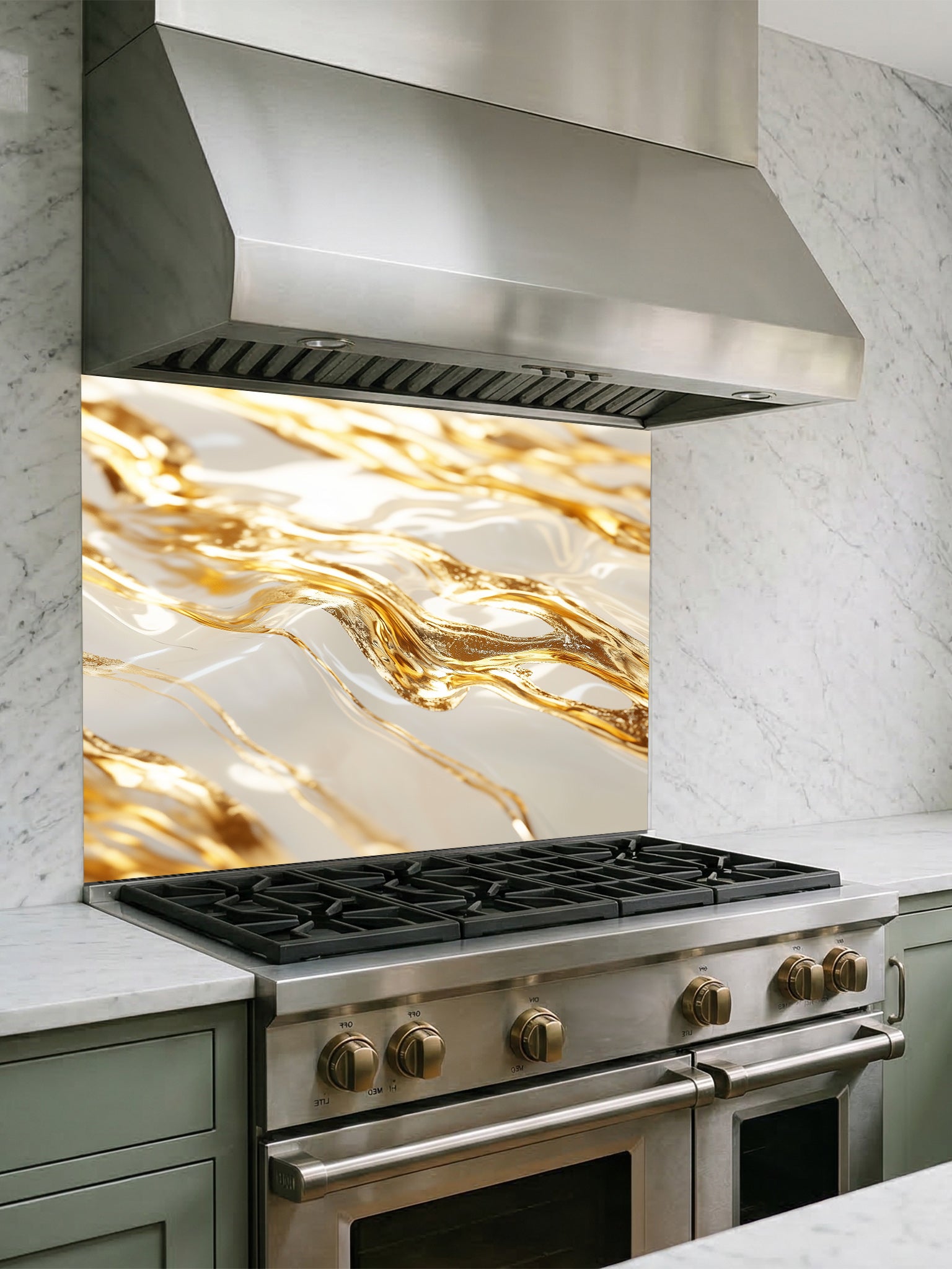 Stainless steel range hood above a gas stove with a decorative backsplash.