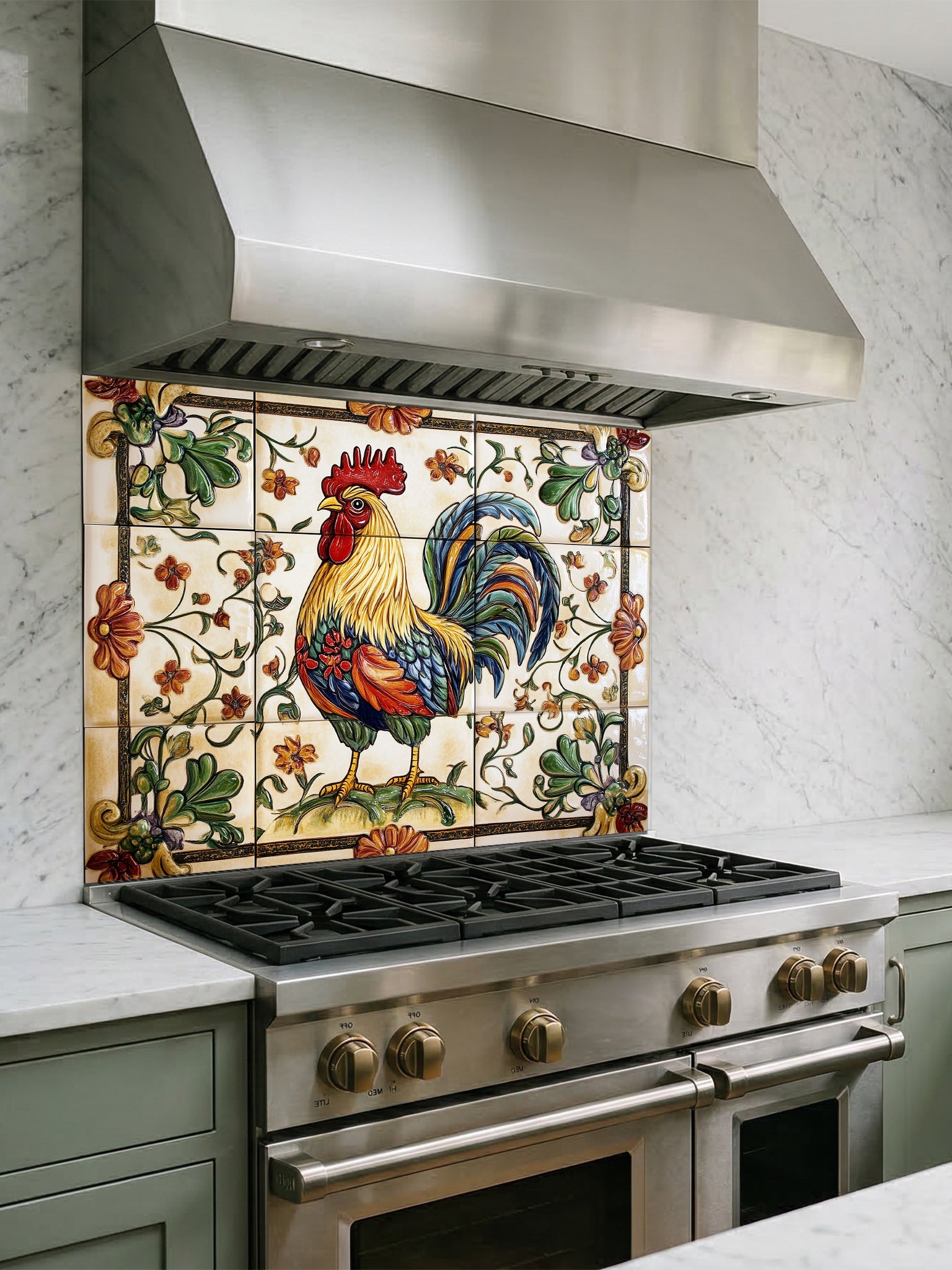 Stainless steel range hood with decorative rooster glass backsplash in a kitchen setting.
