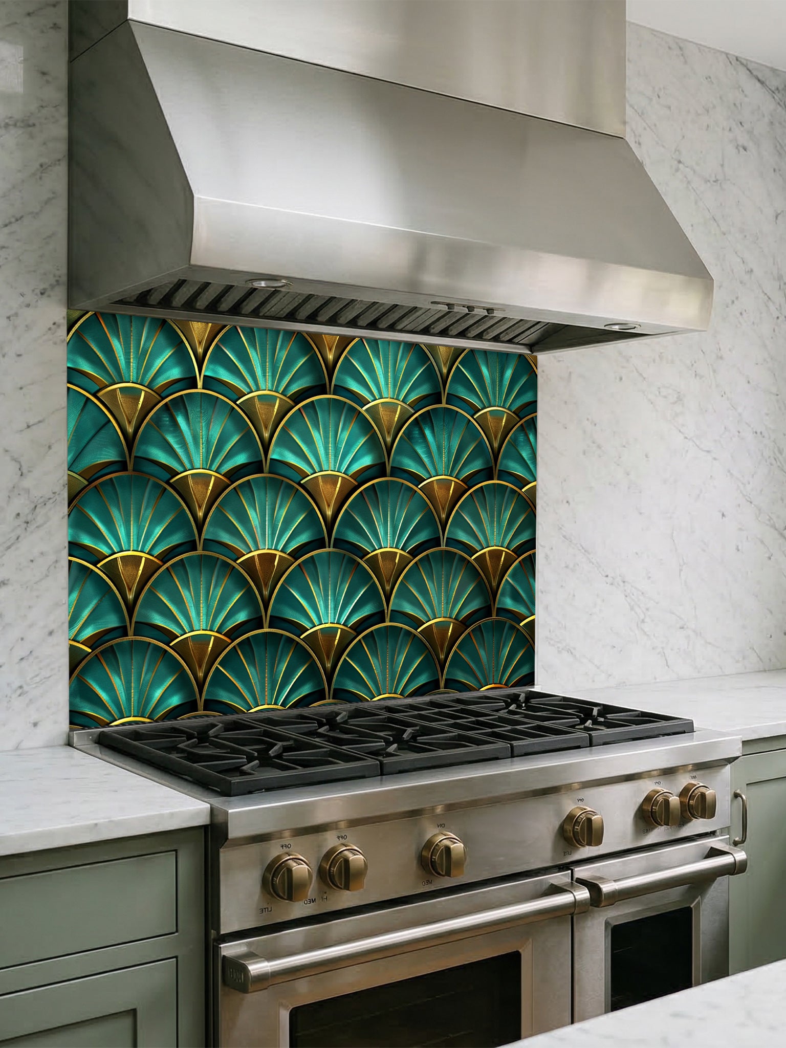 Tempered glass kitchen backsplash featuring a highly realistic 3D illusion of an Art Deco geometric scalloped fan pattern in luxurious teal and faux gold, installed behind a modern stainless steel stove.