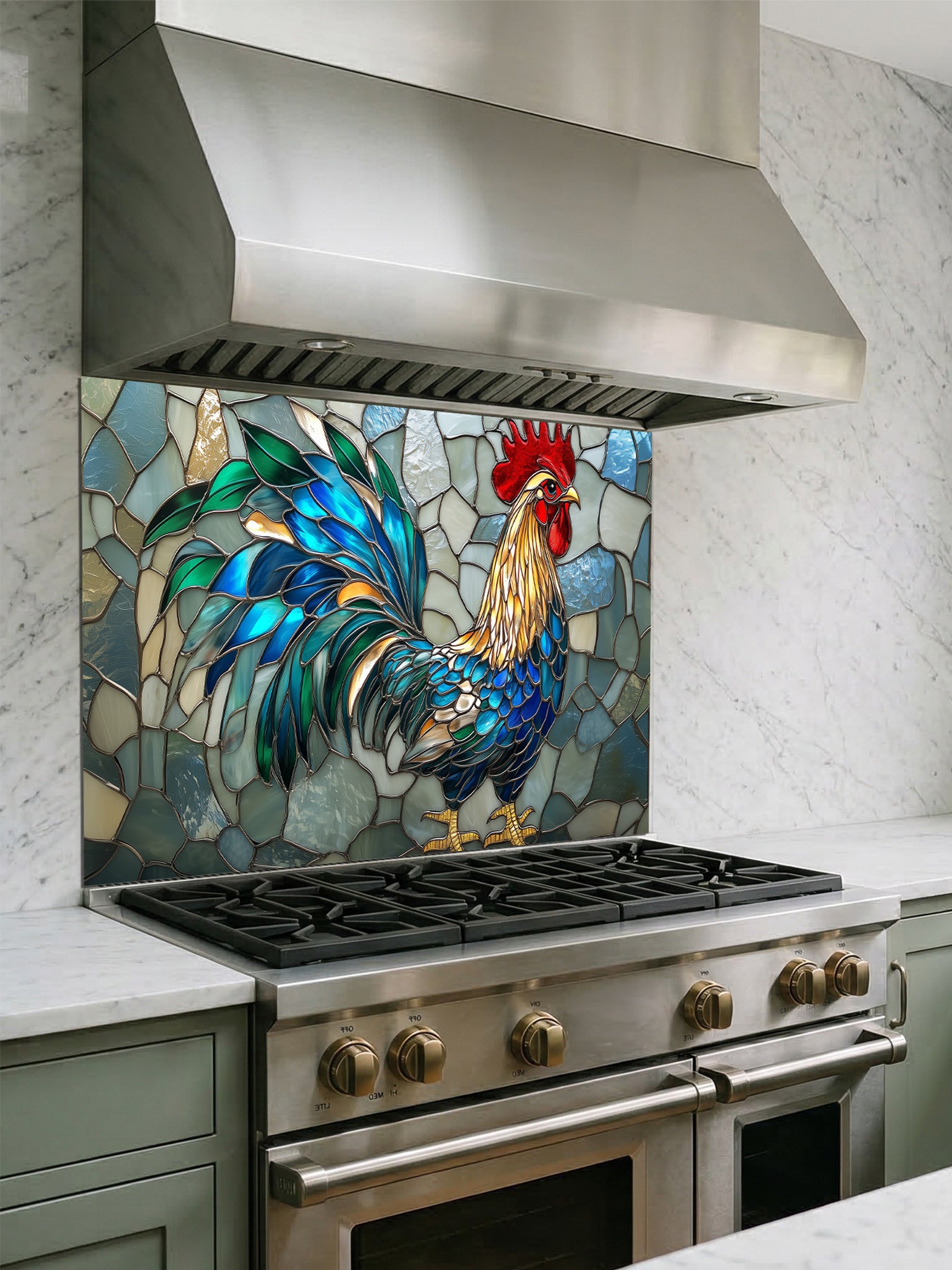 Tempered glass kitchen backsplash featuring a vibrant faux stained glass design of a rooster with striking teal and blue tail feathers against a light icy blue mosaic background, installed behind a modern stainless steel stove.