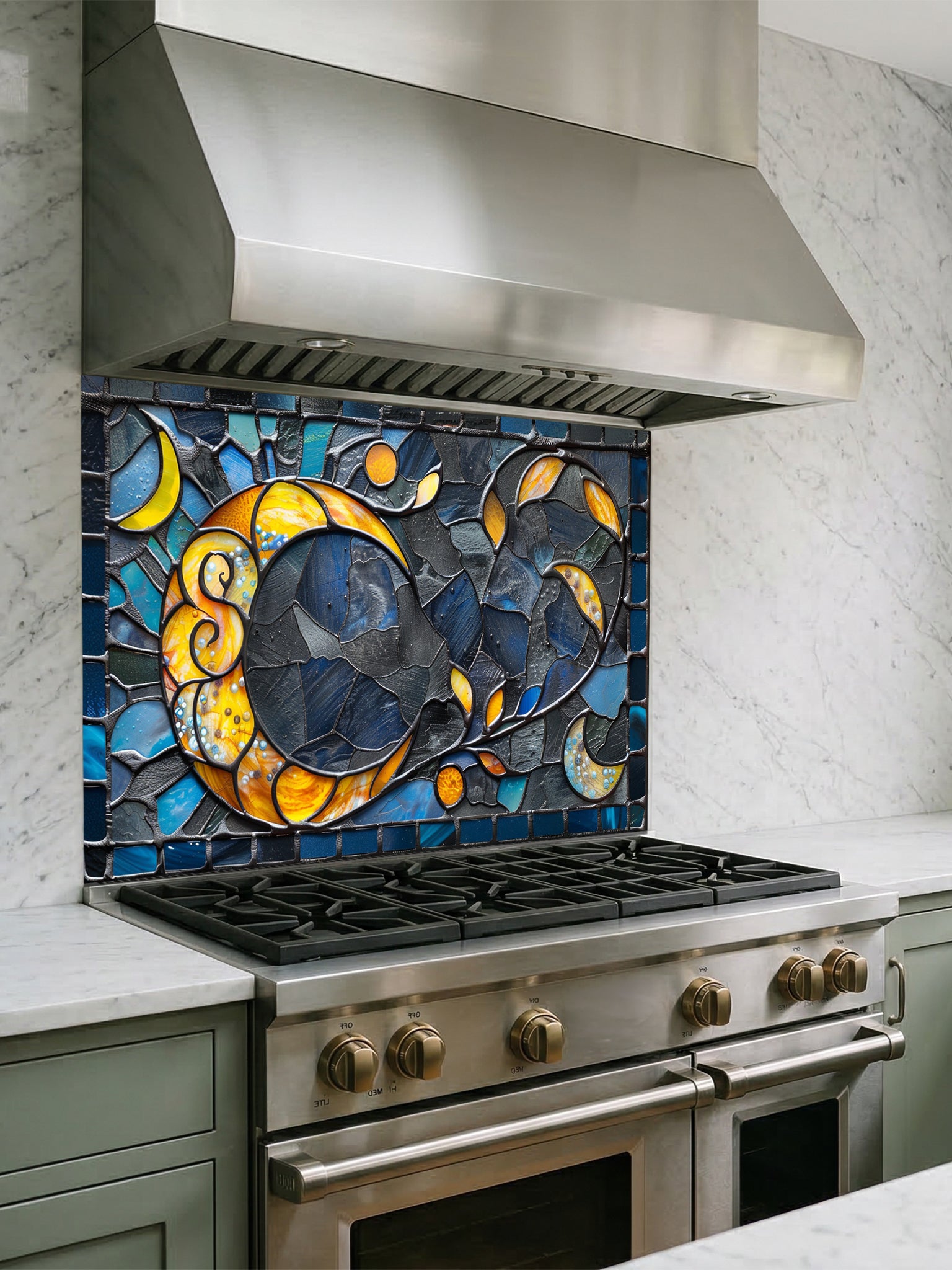 Tempered glass kitchen backsplash featuring a highly realistic 3D illusion of an abstract mosaic moon glowing in amber and gold against a swirling midnight blue and charcoal background, installed behind a modern black stove.