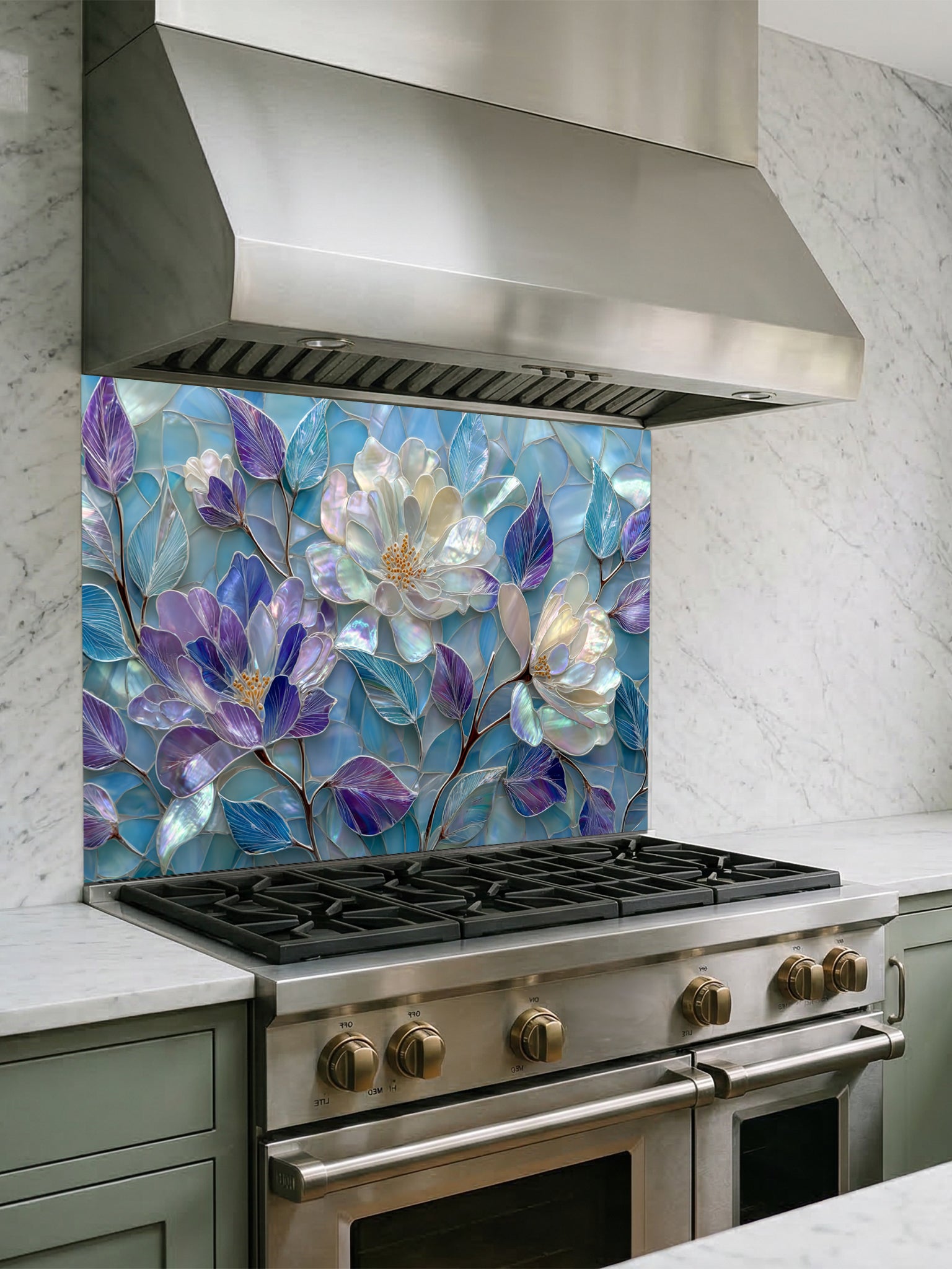 Tempered glass kitchen backsplash featuring a highly realistic 3D illusion of stained glass and mother-of-pearl mosaic art, showing large, elegant blooming flowers in iridescent shades of pearlescent white, lavender, and purple with flowing aqua blue leaves, installed behind a modern black stove.