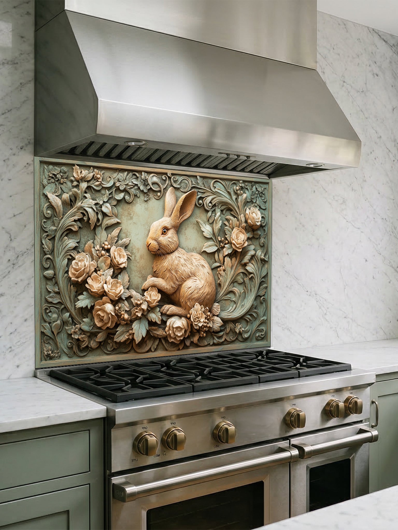 Tempered glass kitchen backsplash featuring a highly realistic 3D illusion of an antique carved bas-relief sculpture showing a gentle woodland rabbit surrounded by blooming roses and ornate foliage in warm earthy tones and a vintage greenish patina, installed behind a modern black stove.