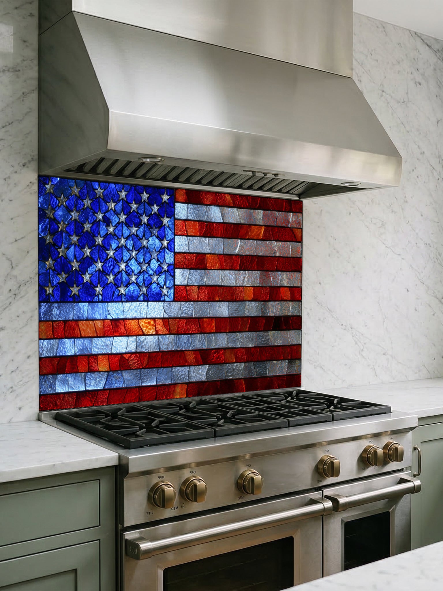 Faux stained glass pattern featuring the American flag with vibrant red, white, and blue textured pieces, UV printed on a smooth tempered glass kitchen backsplash.