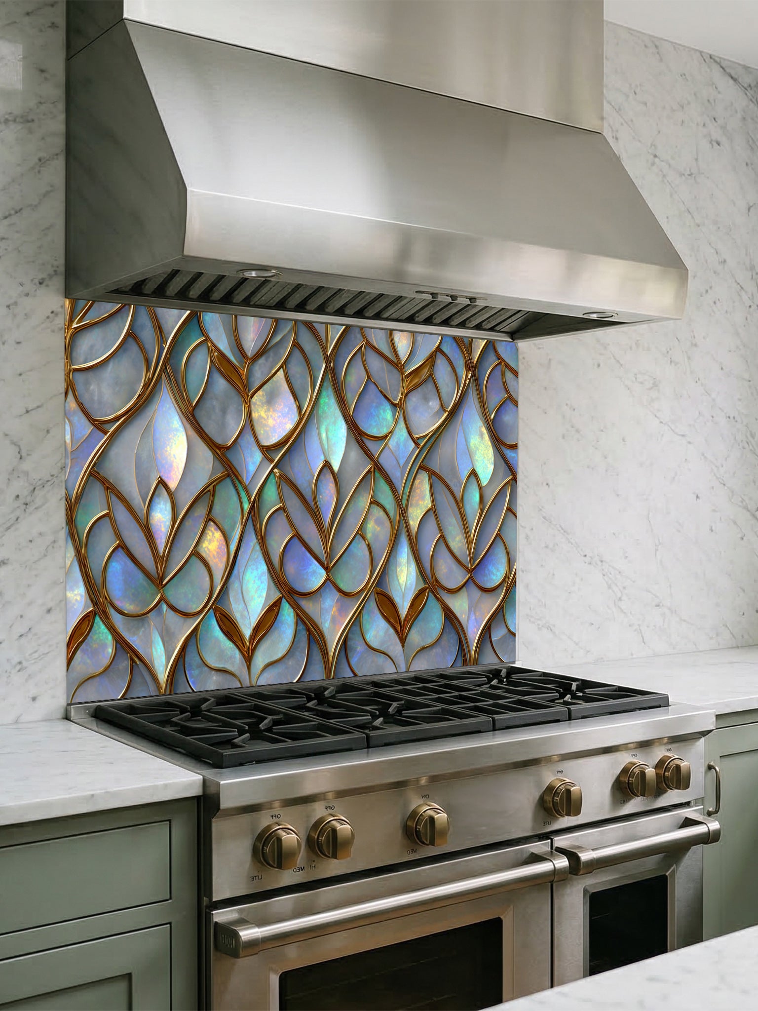 Tempered glass kitchen backsplash featuring a highly realistic 3D illusion of Art Nouveau stained glass showing an elegant repeating leaf pattern with iridescent opal and pearl inlays outlined in rich gold filigree, installed behind a modern stainless steel stove.