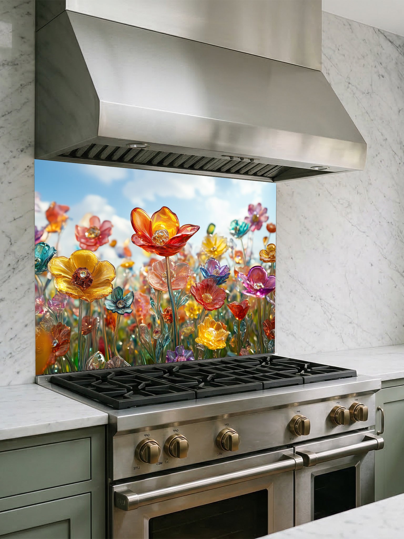Tempered glass kitchen backsplash featuring a highly realistic 3D illusion of delicate blown glass wildflowers in vibrant translucent jewel tones against a bright blue sky, installed behind a modern stainless steel stove.